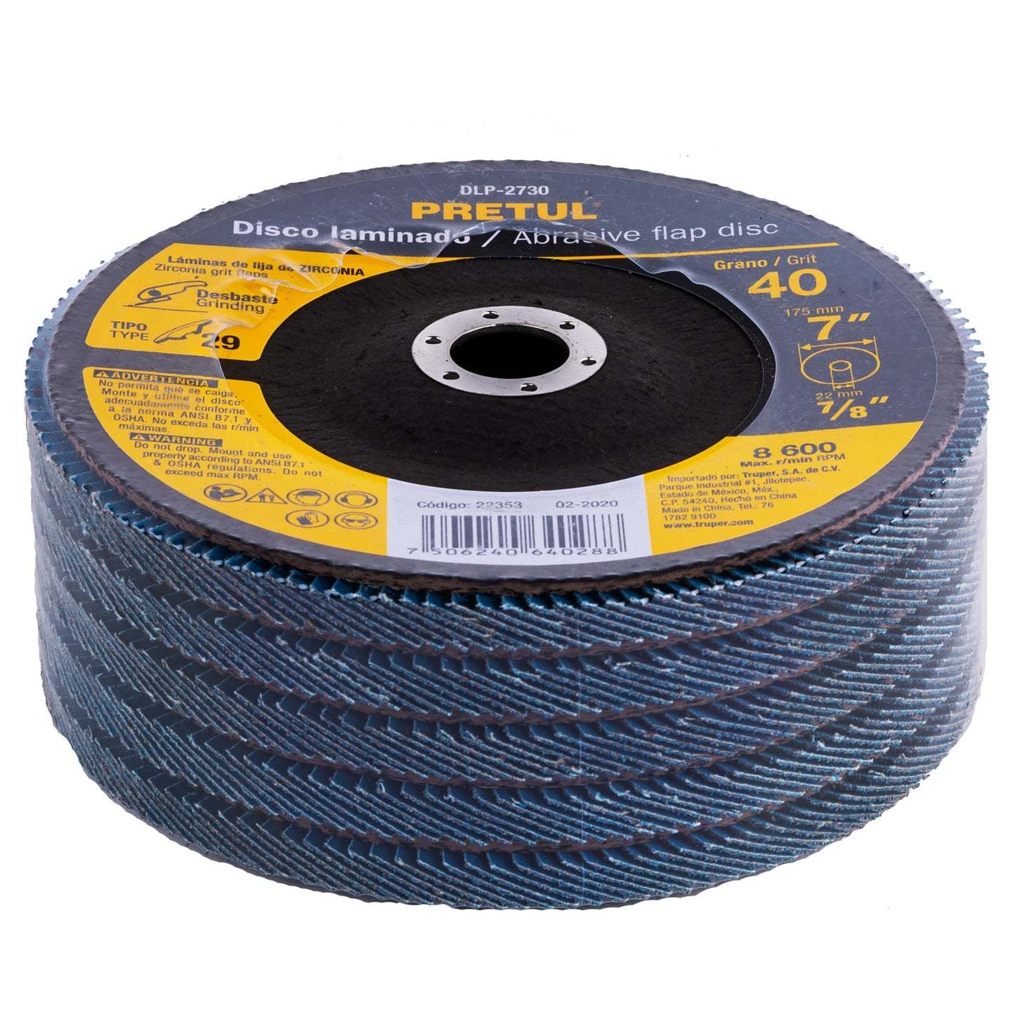 DLP-2730 Disco laminado flap, Tipo 29, 7", grano 40, centro 7/8", Pretul