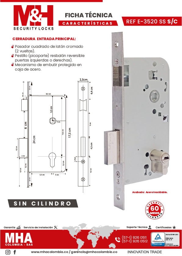 E3520 Cerradura de incrustar para entrada principal con picaporte CER-056