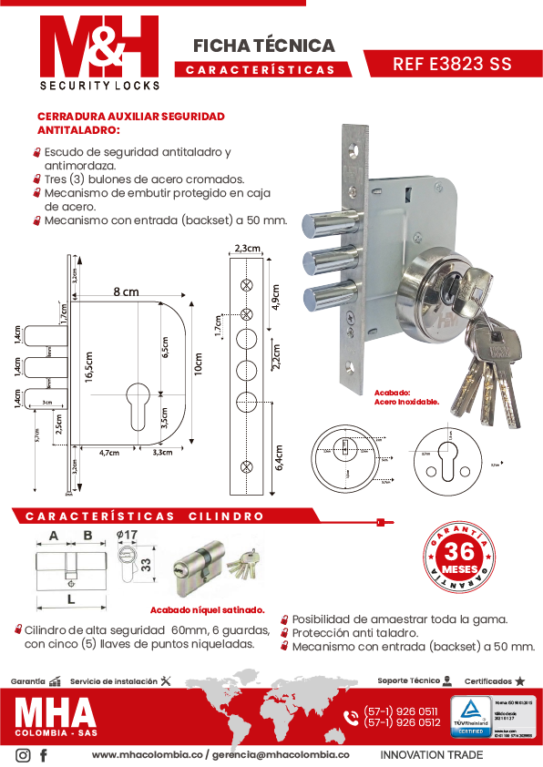 E3860-SS Cerradura auxiliar de seguridad antitaladro llave - llave CER-097