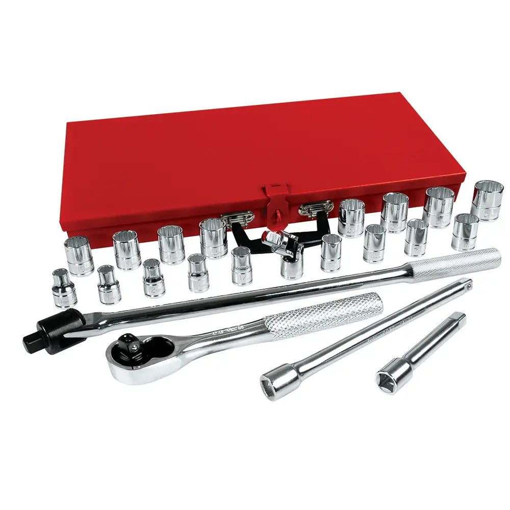 54210 Juego de copas y accesorios cuadrante de 1/2" métrico 12 pt 23 piezas, uso pesado, Urrea