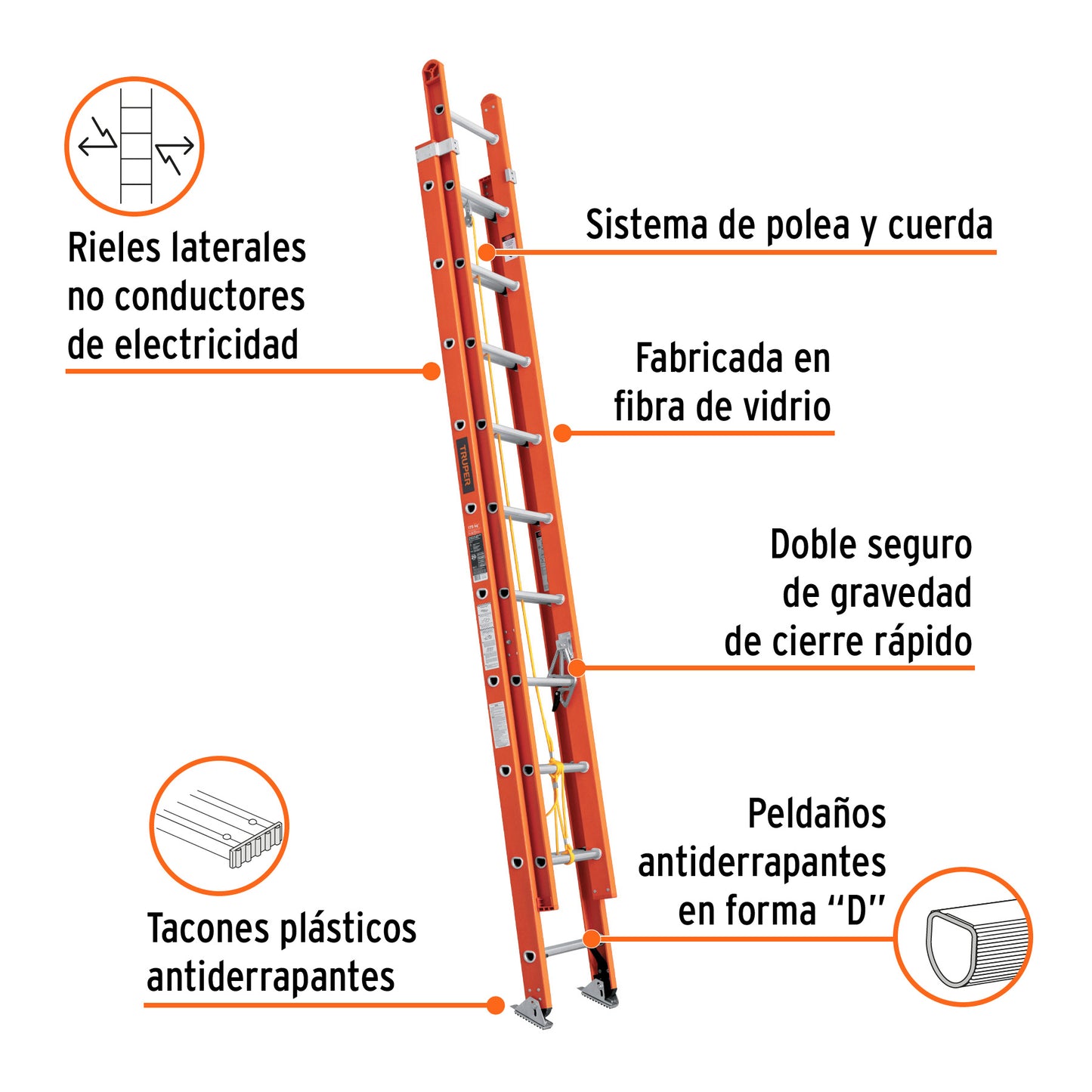 ESE-220FV Escalera de extensión, tipo II, 20 peldaños, fibra de vidrio