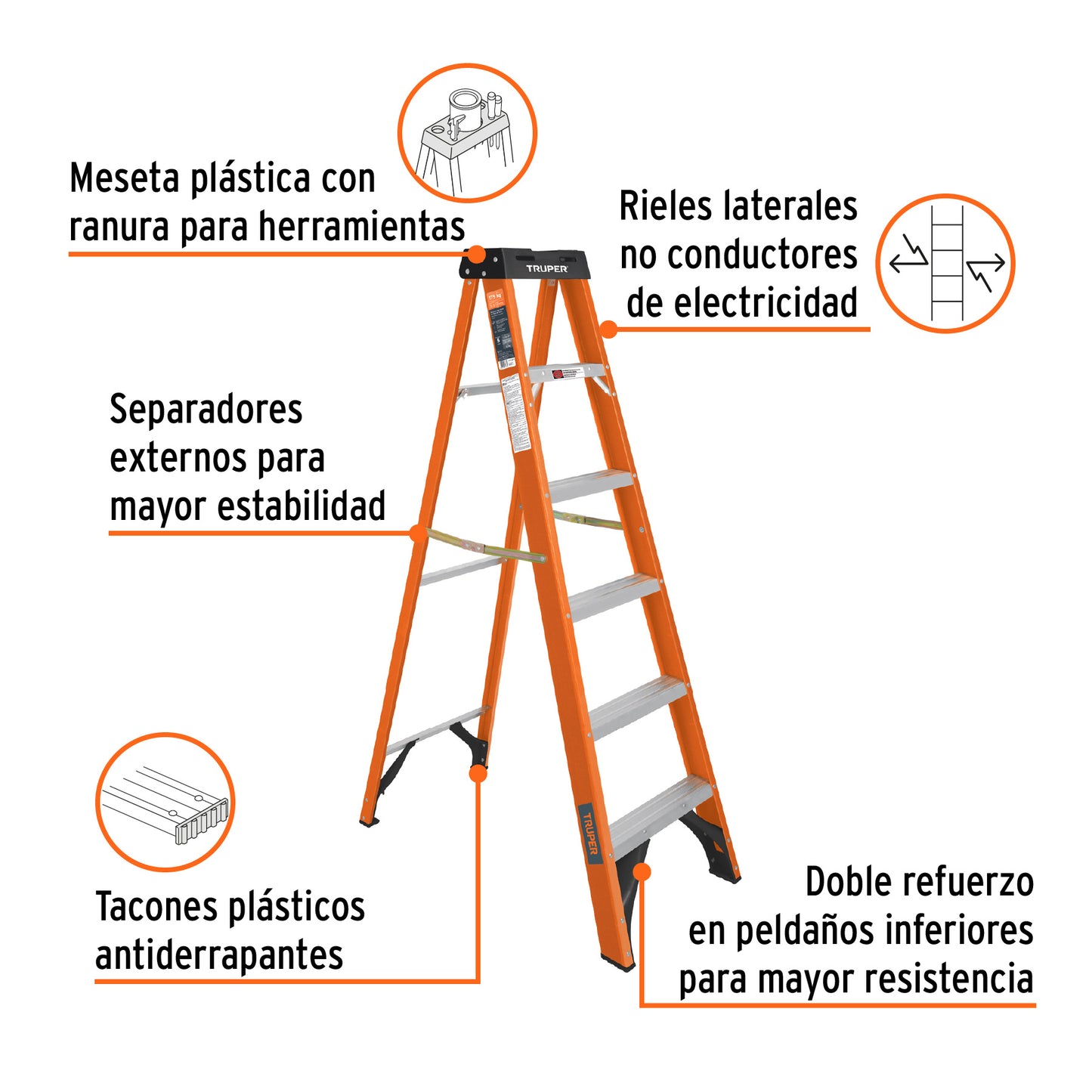 EST-25FV Escalera de tijera, tipo ll, 5 peldaños, fibra de vidrio