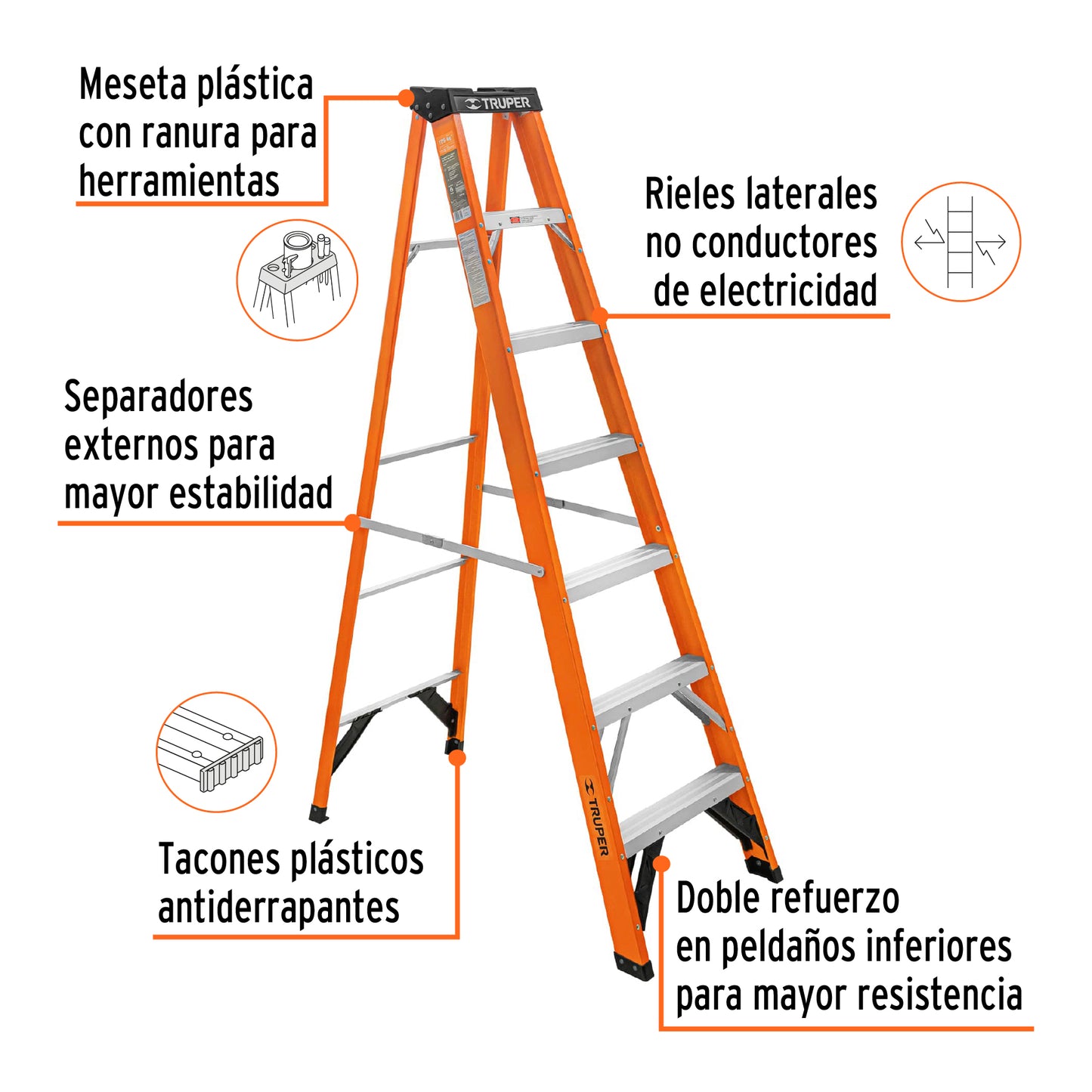 EST-26FV Escalera de tijera, tipo ll, 6 peldaños, fibra de vidrio