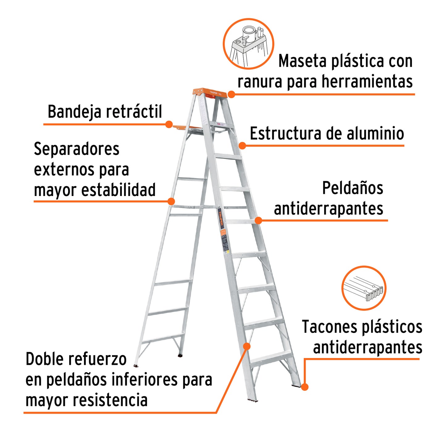 EST-28 Escalera de tijera, tipo ll, 8 escalones y bandeja