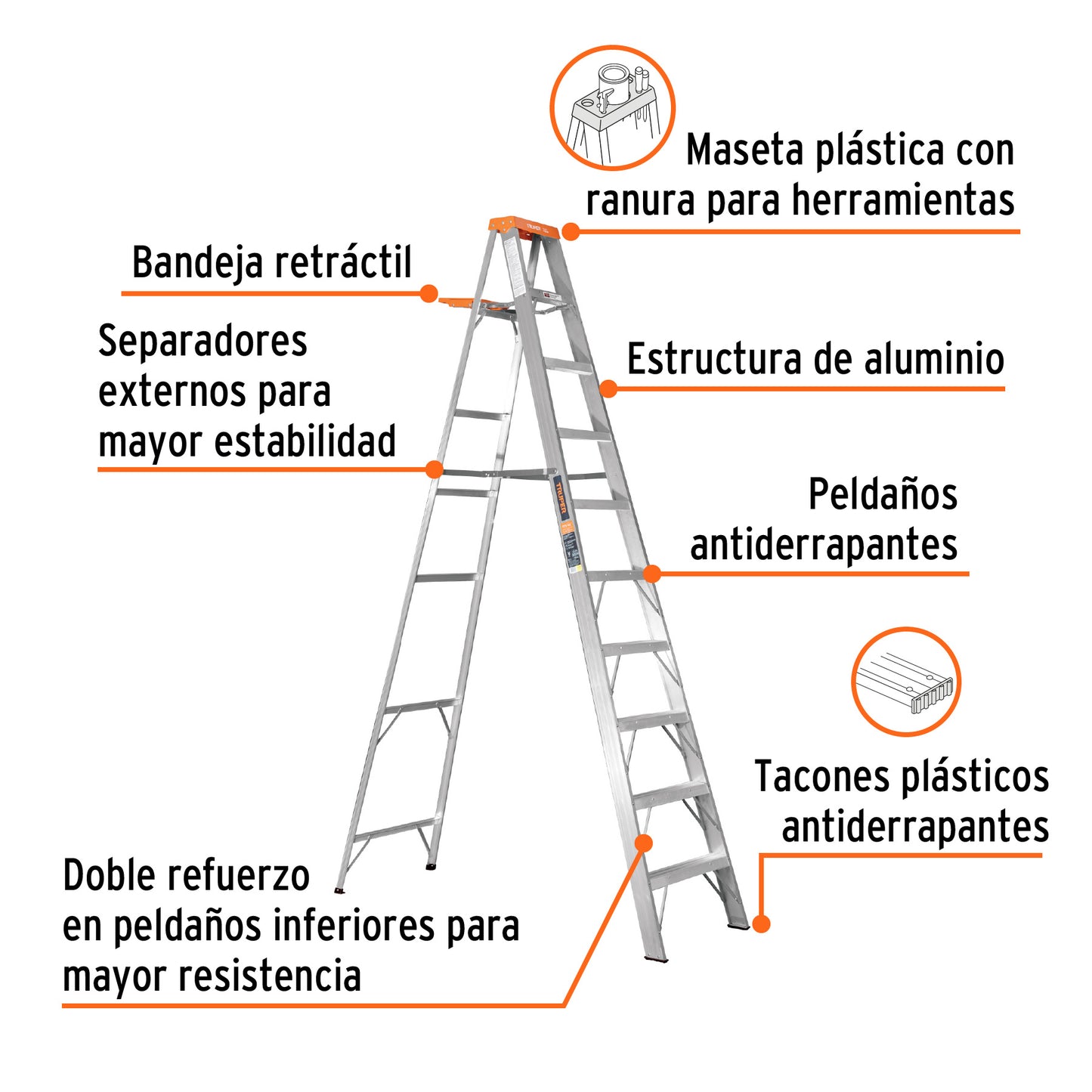 EST-29 Escalera de tijera tipo II, 9 escalones, con bandeja