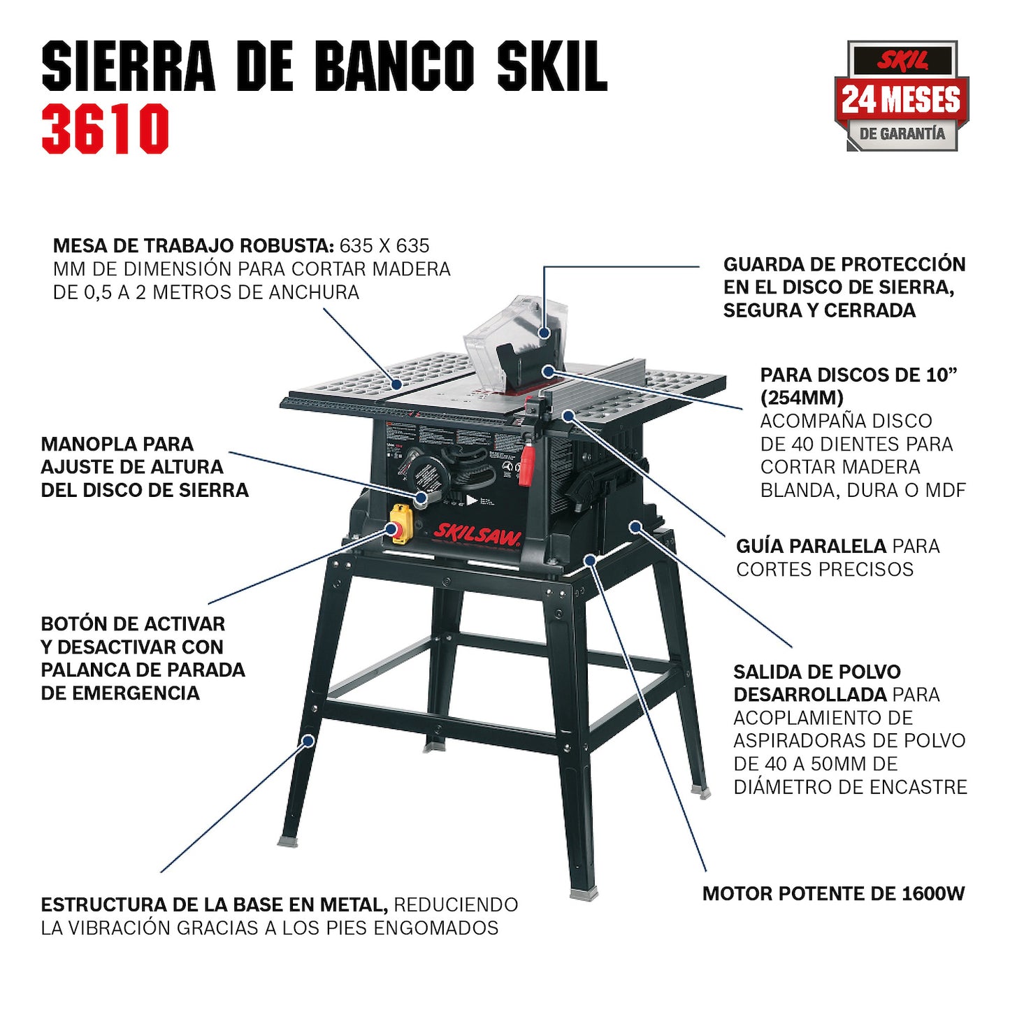 Sierra de Mesa Skil 3610 1600W 110V con 1 Disco y accesorios