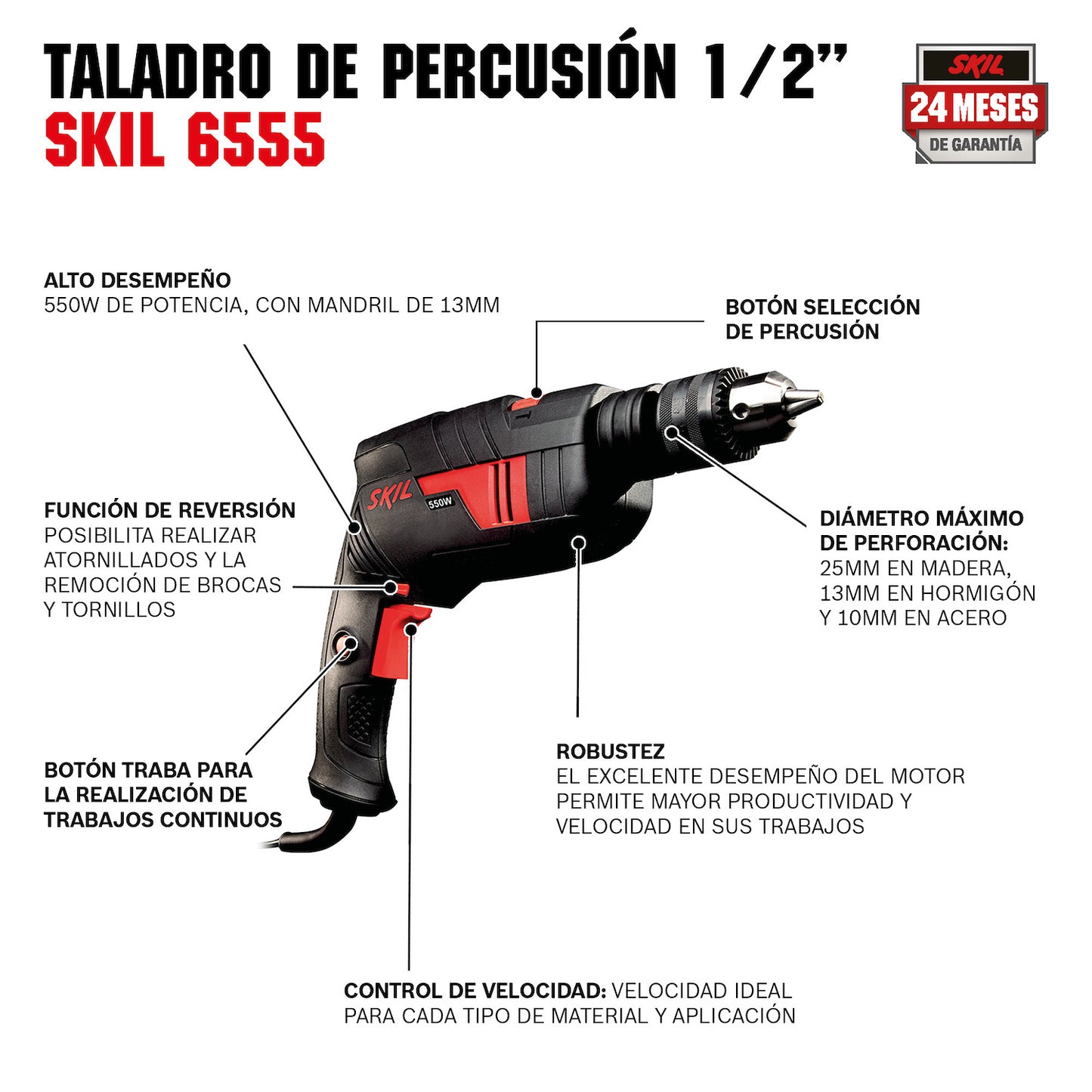 Taladro percutor Skil 6555 570W 110V, maletín y brocas