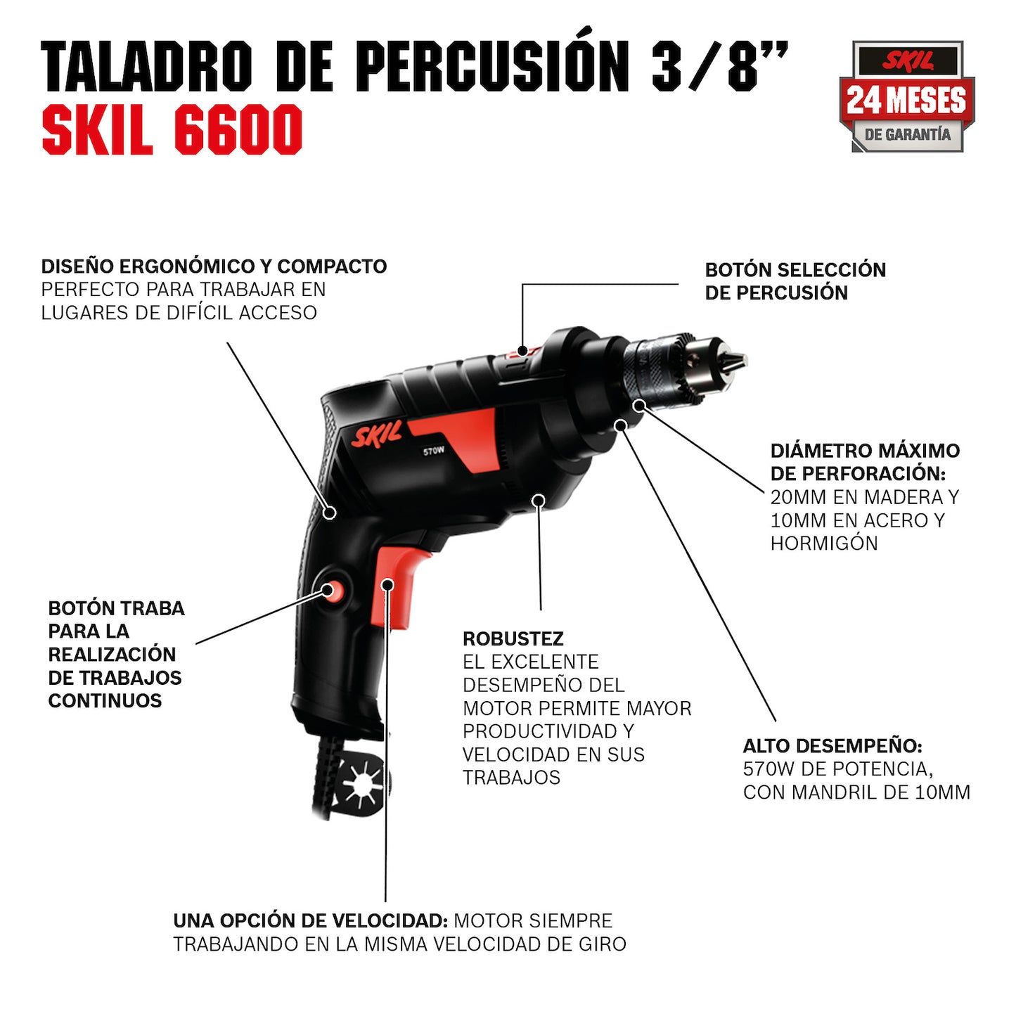 Taladro percutor Skil 6600 570W 110V llave de mandril