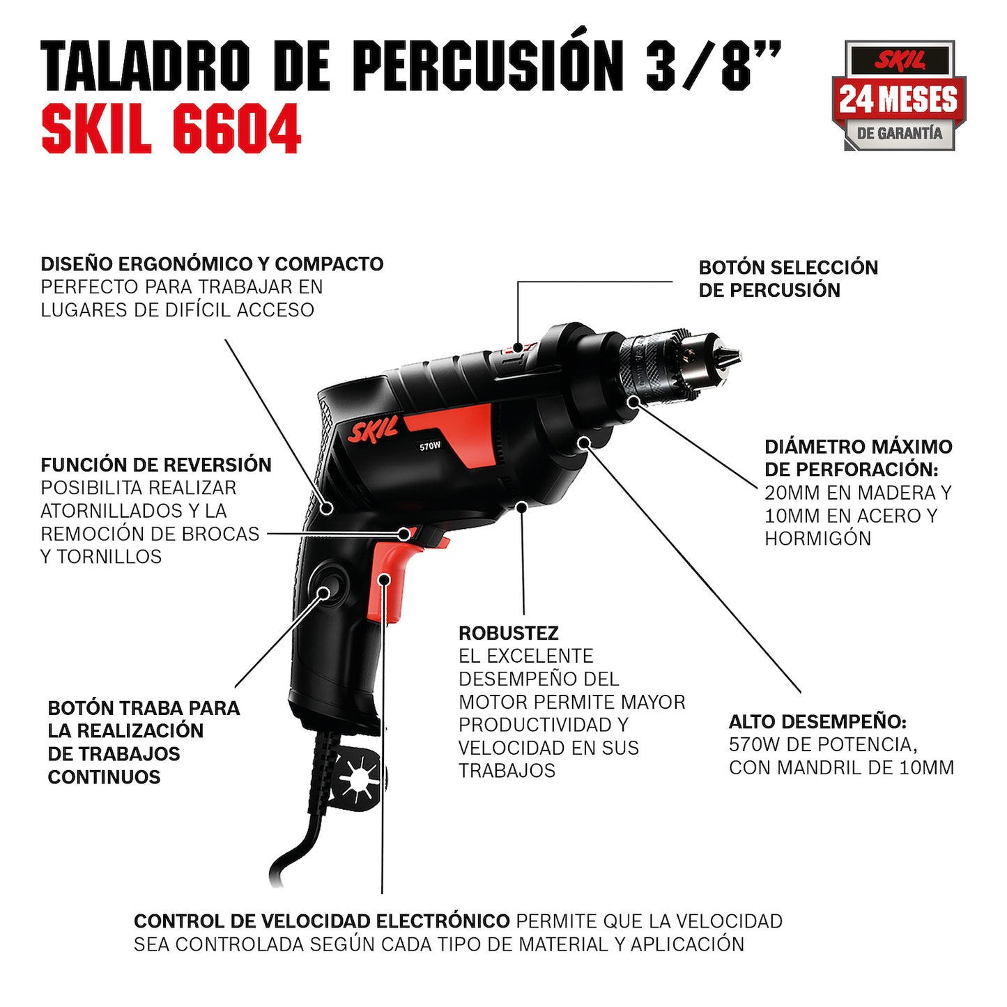Taladro percutor Skil 6604 570W 110V llave de mandril