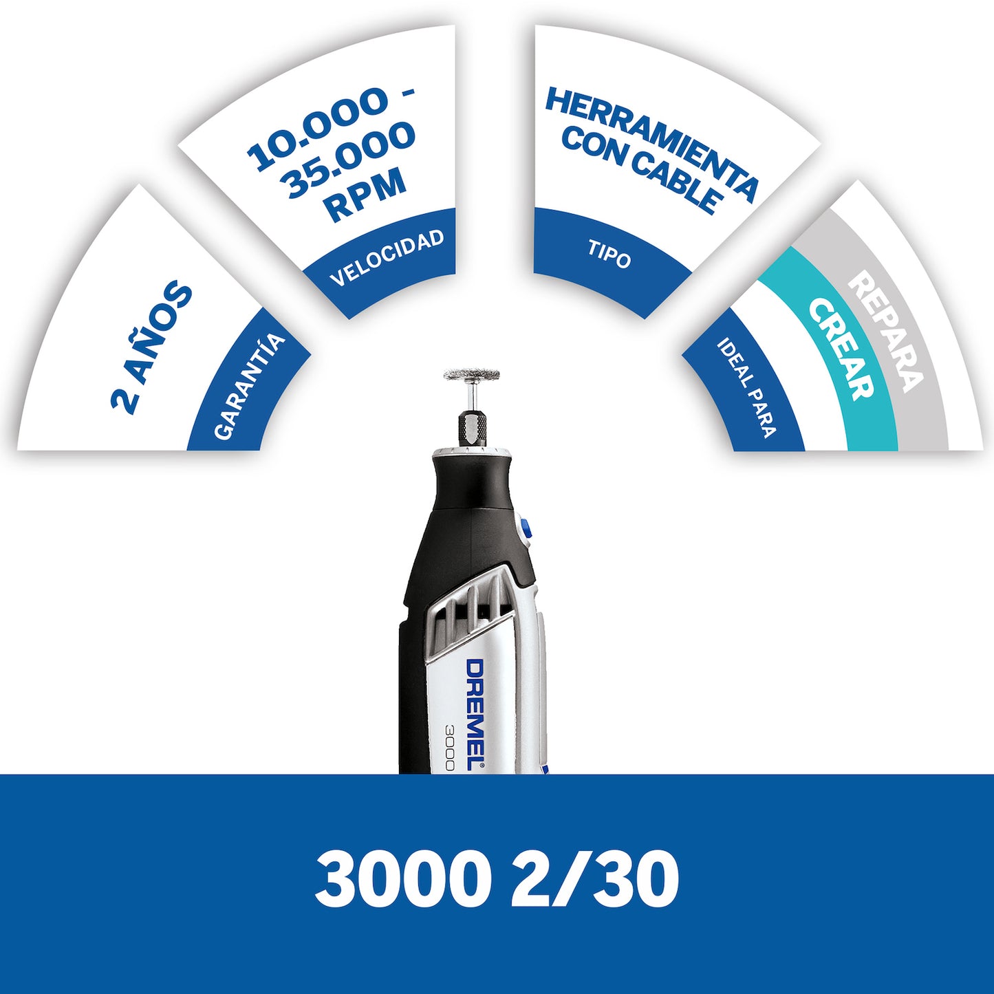 F0133000PP Dremel 3000 Mototool con 2 Acoples y 30 Accesorios + Maleta