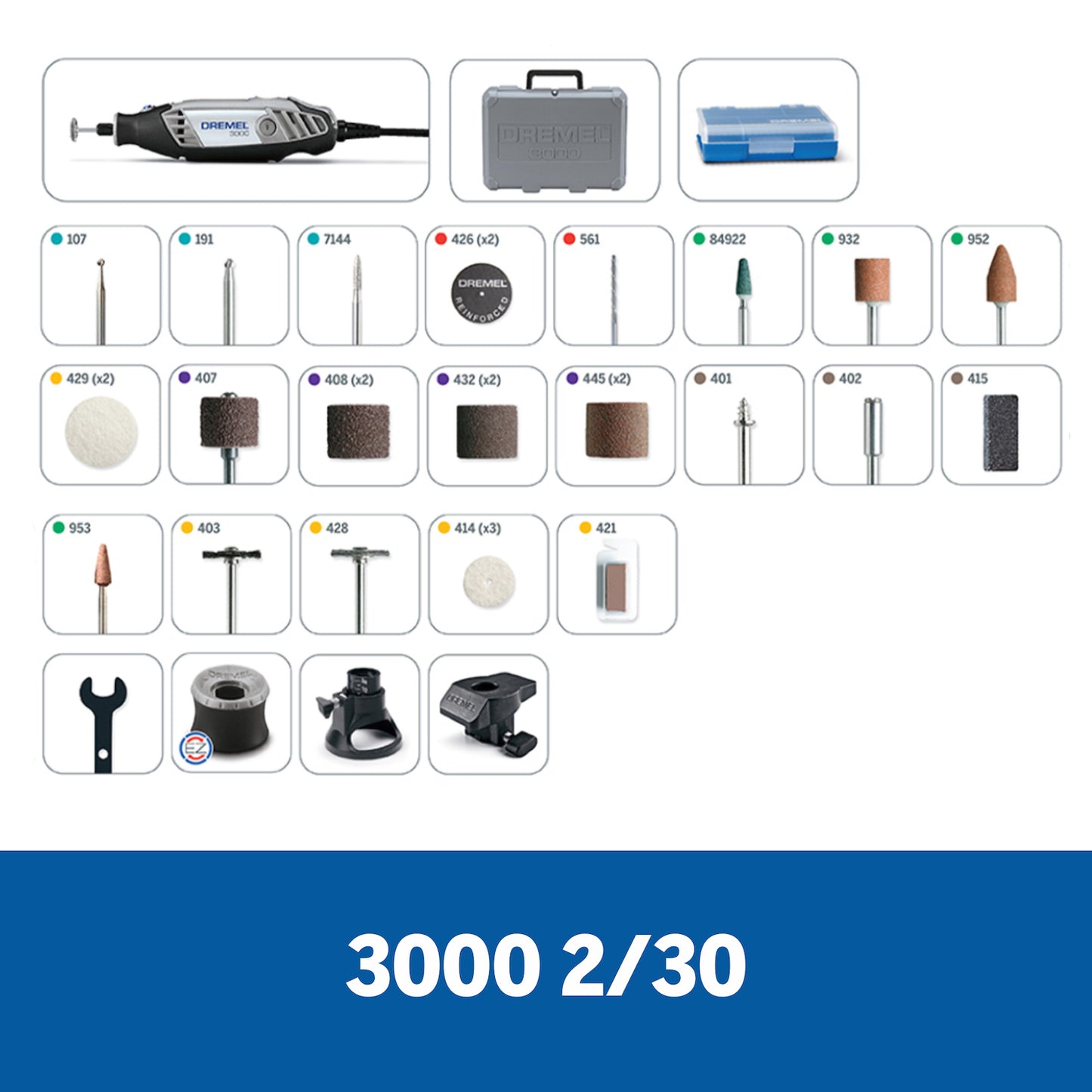 F0133000PP Dremel 3000 Mototool con 2 Acoples y 30 Accesorios + Maleta
