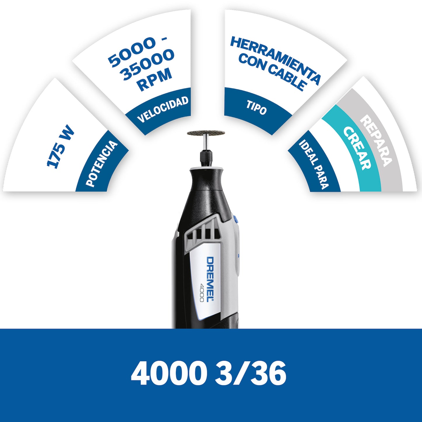 F0134000NA-000 Dremel 4000 Mototool con 3 Acoples y 36 Accesorios + Maleta