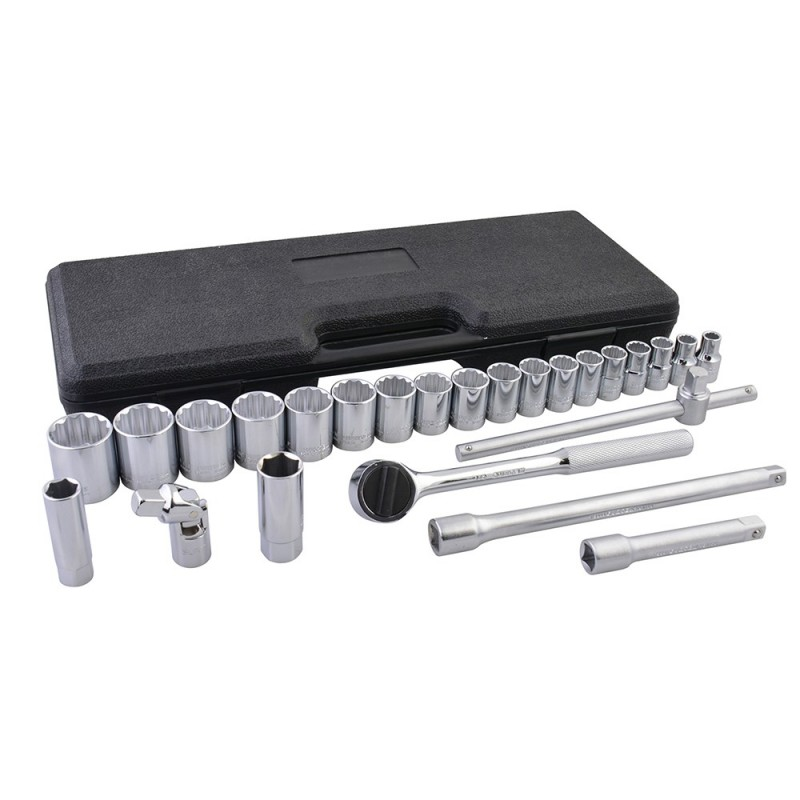 F5800C Juego de copas 12 pt y accesorios cuadrante 1/2" 25 piezas 3/8" a 1-1/4", uso profesional, Urrea