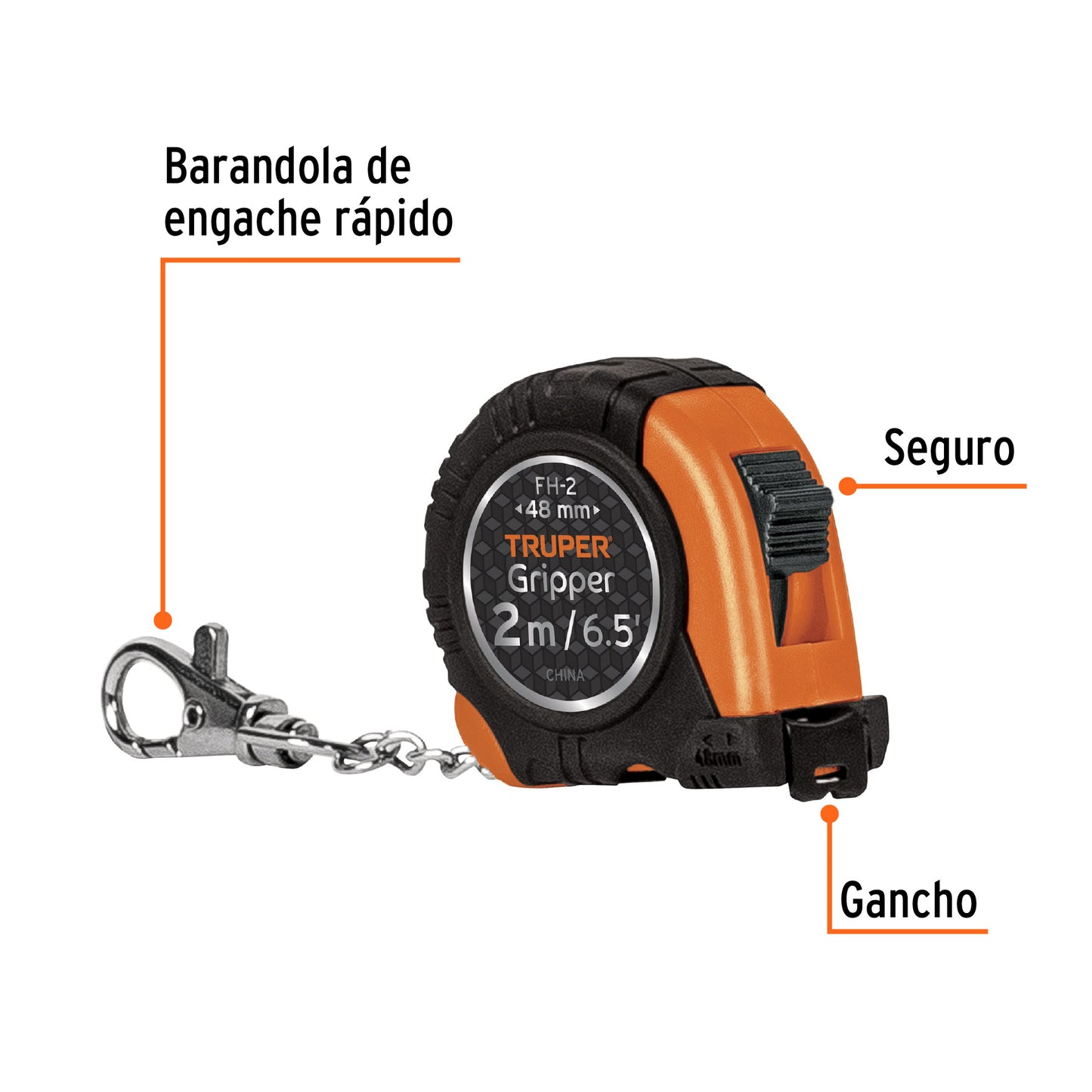FH-2 Flexómetro Gripper tipo llavero, 2 m, cinta 1/2"