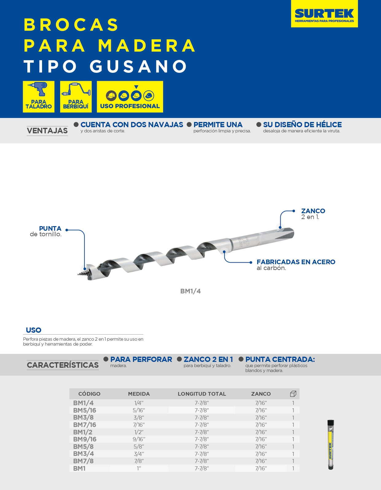 BM3/4 Broca para madera tipo barreno 3/4" X 7-7/8"