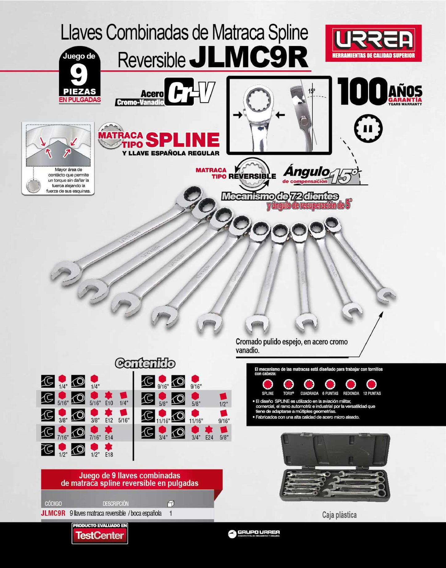 JLMC9R Juego de llaves combinadas pulido espejo con ratchet Spline reversible 9 piezas 1/4" a 3/4", uso pesado, Urrea