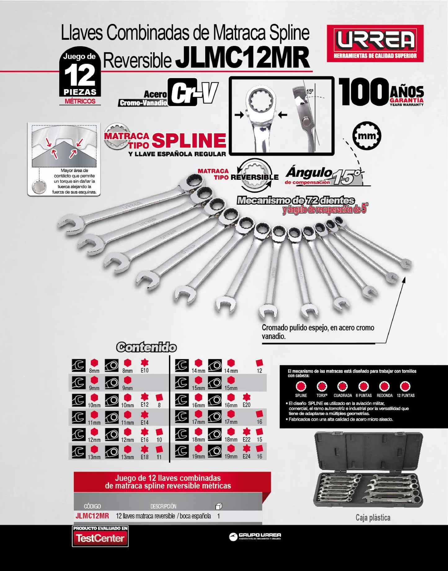 JLMC12MR Juego de llaves combinadas con ratchet spline 12 piezas 8 a 19 mm en caja, uso pesado, Urrea