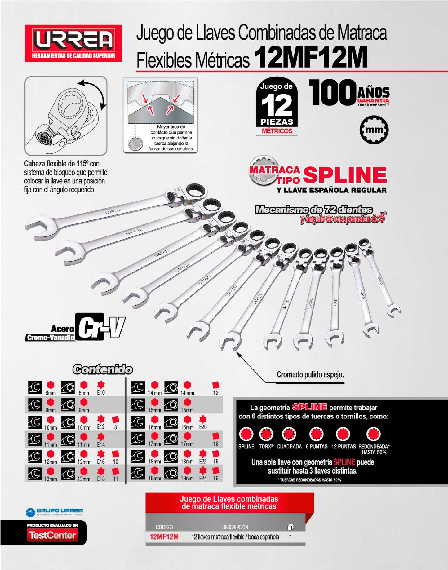 12MF12M Juego de llaves Spline pulido espejo escualizable 12 piezas 8 a 19 mm, uso pesado, Urrea