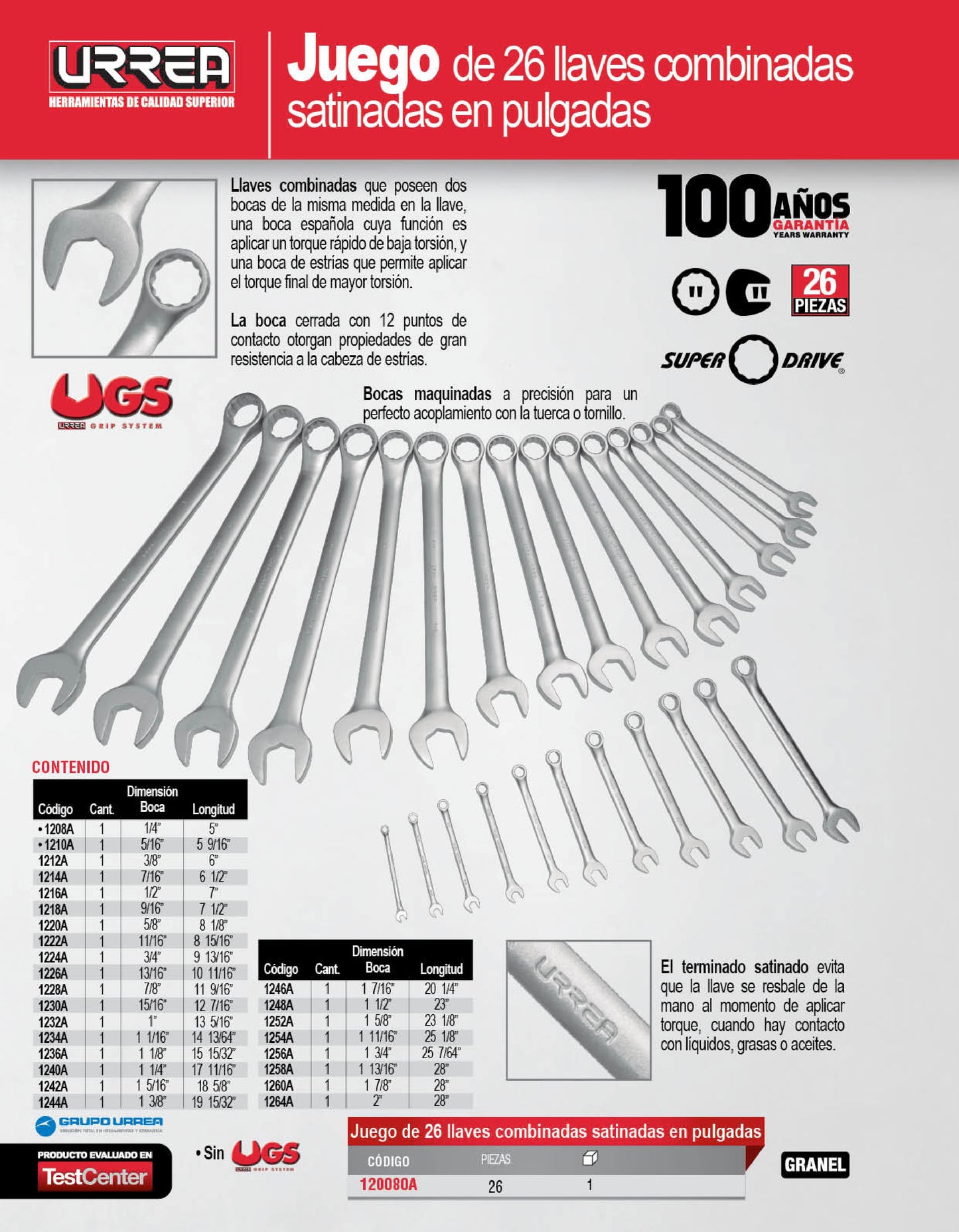 120080A Juego de llaves combinadas satinadas 26 piezas 1/4" a 1-3/8", uso pesado, Urrea