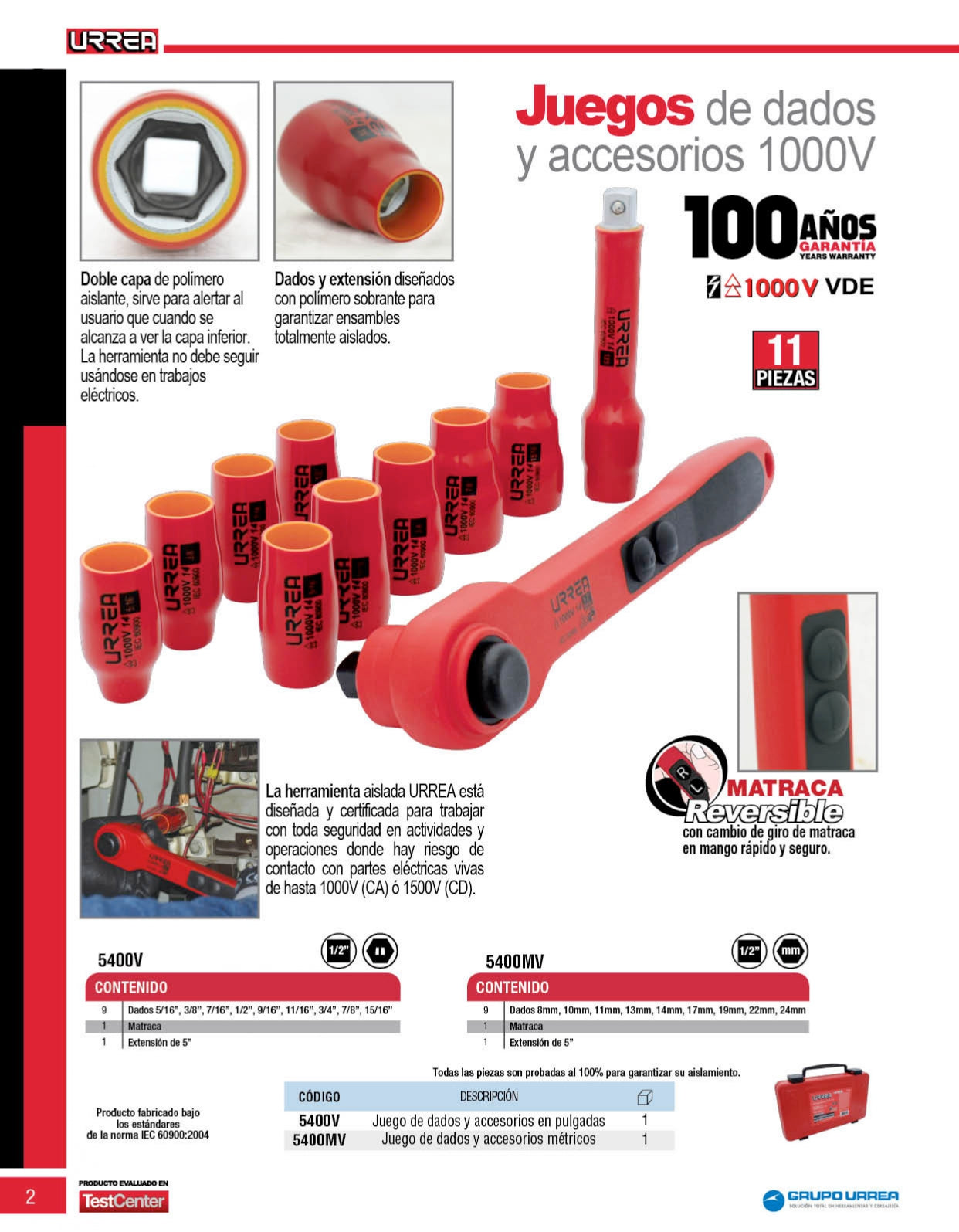 5400V Juego de copas 6 pt y accesorios cuadrante 1/2" aislados 1000V 11 piezas, Urrea