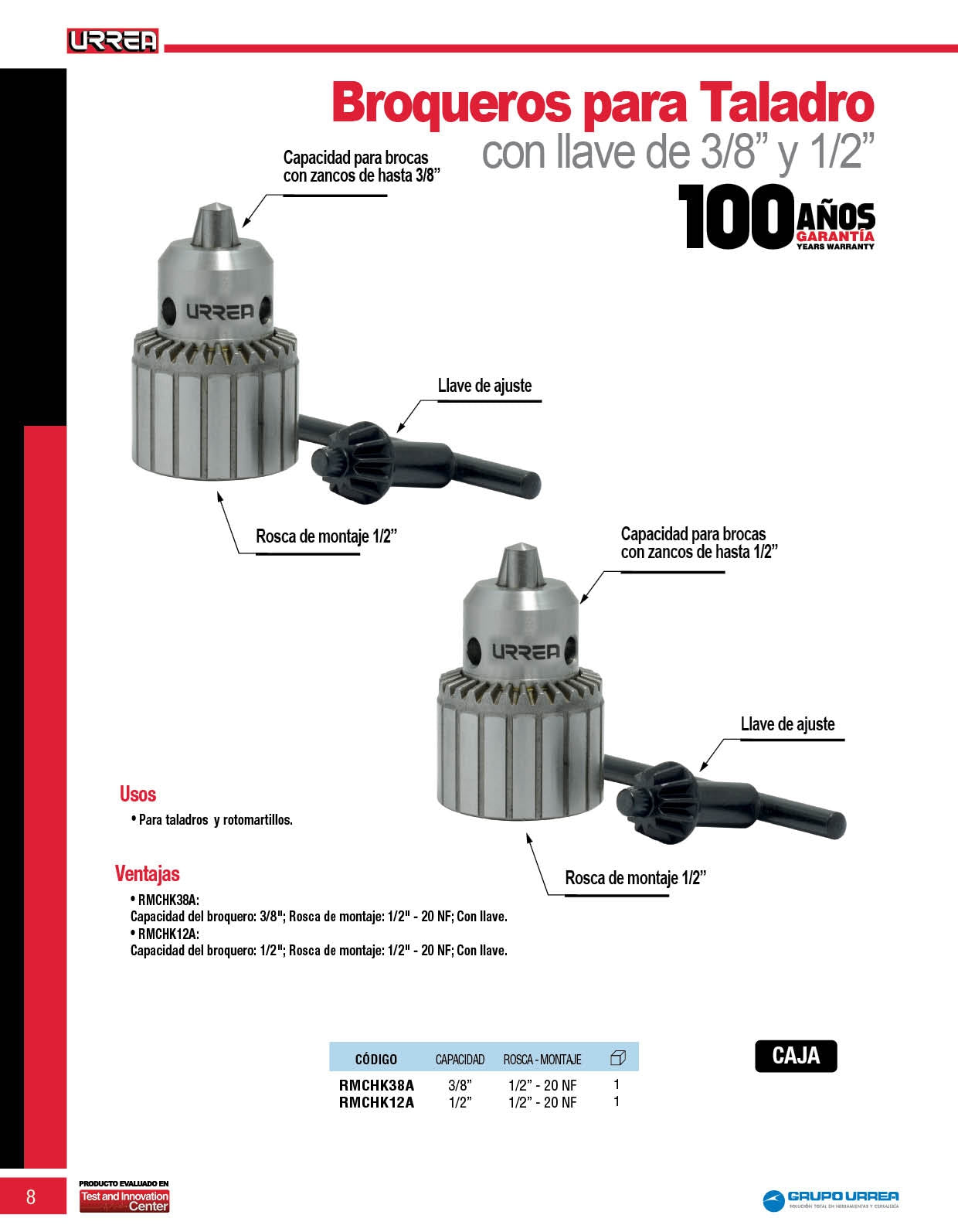 RMCHK12 Broquero 1/2" rosca 3/8-24NF con llave (mandril), Urrea