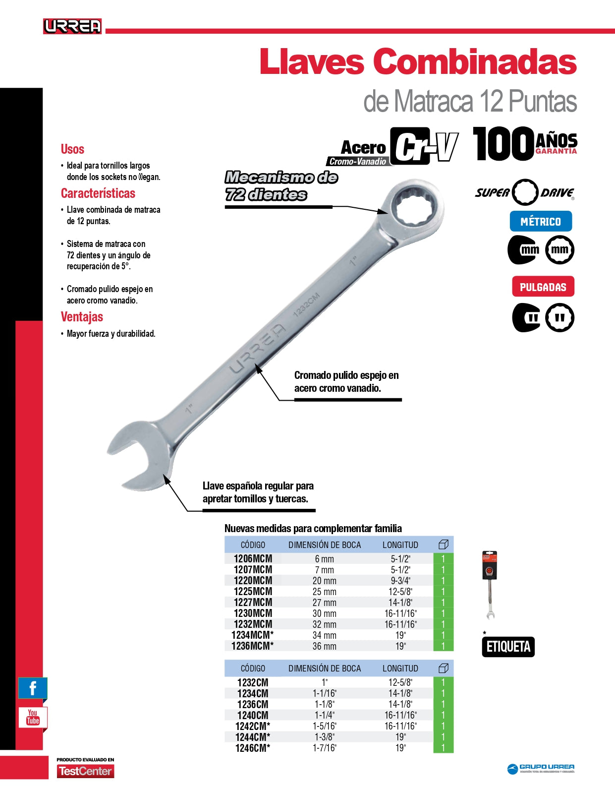 1208MCM Llave combinada pulido espejo ratchet 8 mm, uso pesado