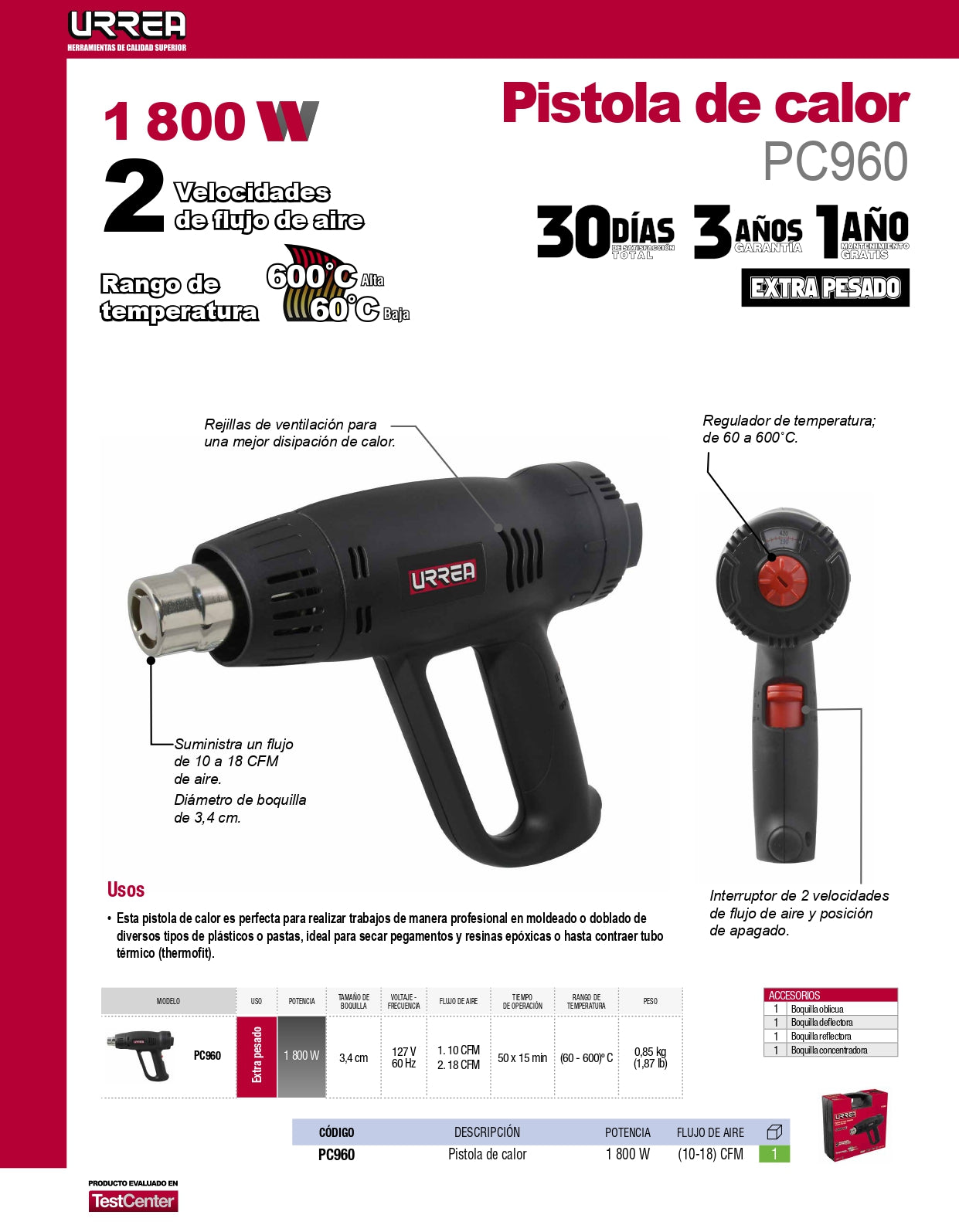 PC960 Pistola de calor 60°C-600°C 1800W