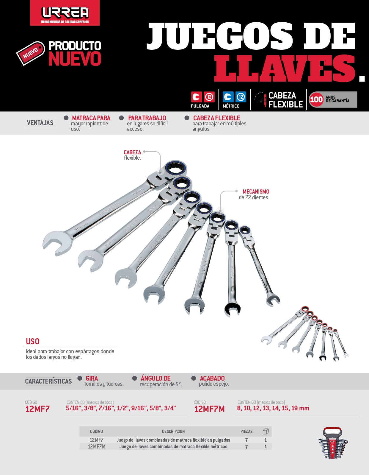 12MF7 Juego de llaves combinadas con ratchet escualizable pulido espejo 7 piezas 5/16" a 3/4", uso pesado, Urrea
