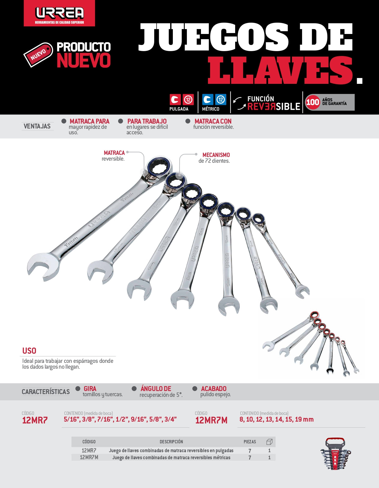 12MR7 Juego de llaves combinadas con ratchet reversible 7 piezas 5/16" a 3/4", uso pesado, Urrea