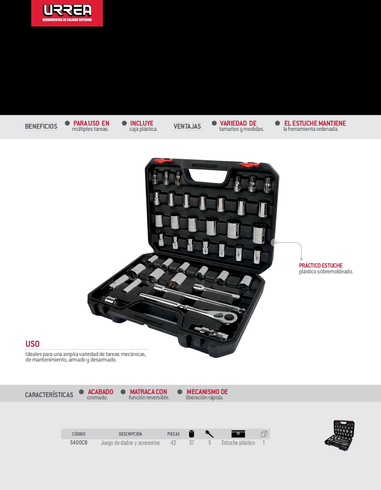 5400CB Juego de copas y accesorios 1/2" 42 piezas 8 a 32 mm - 5/16" a 1-1/4", uso pesado, Urrea