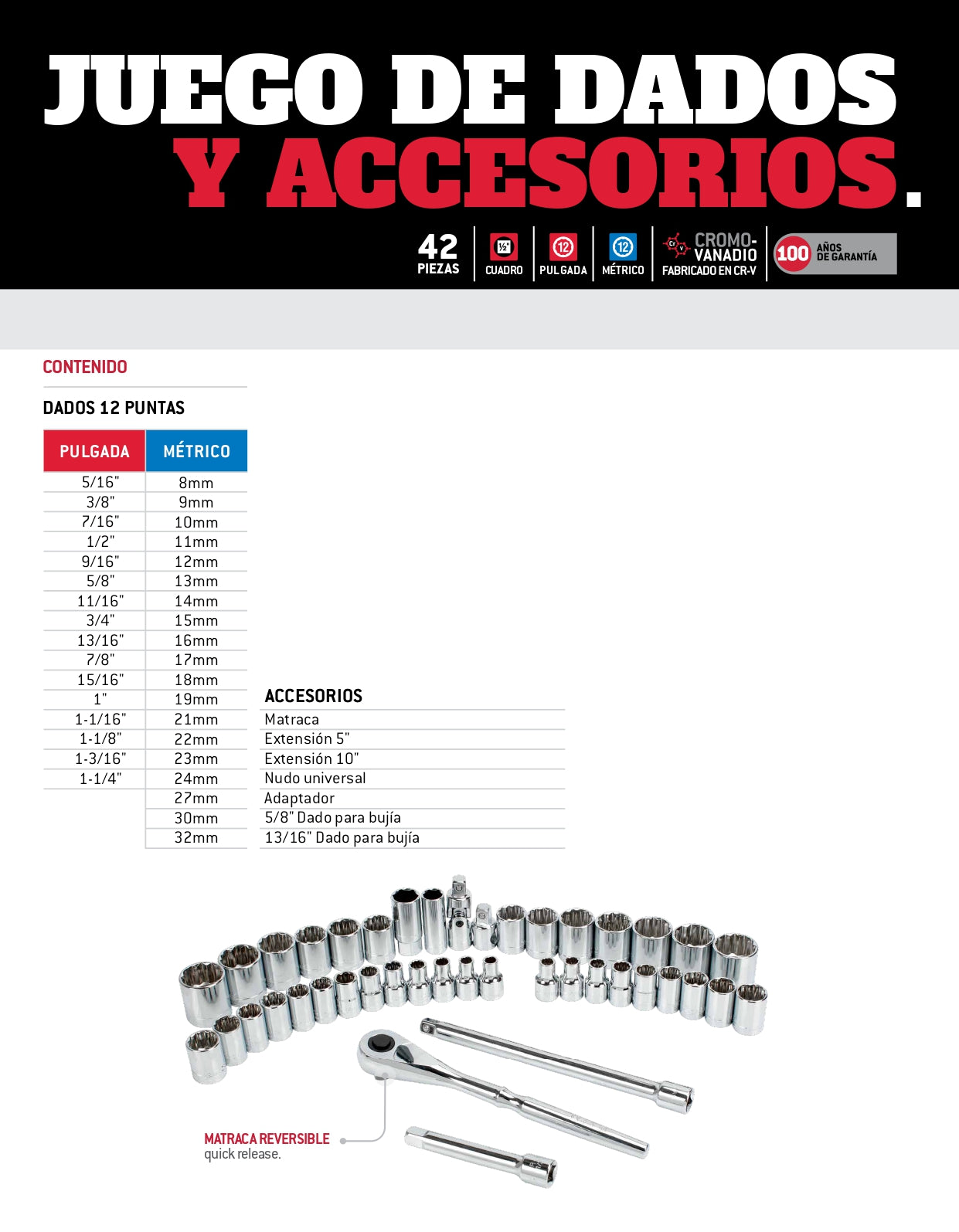 5400CB Juego de copas y accesorios 1/2" 42 piezas 8 a 32 mm - 5/16" a 1-1/4", uso pesado, Urrea