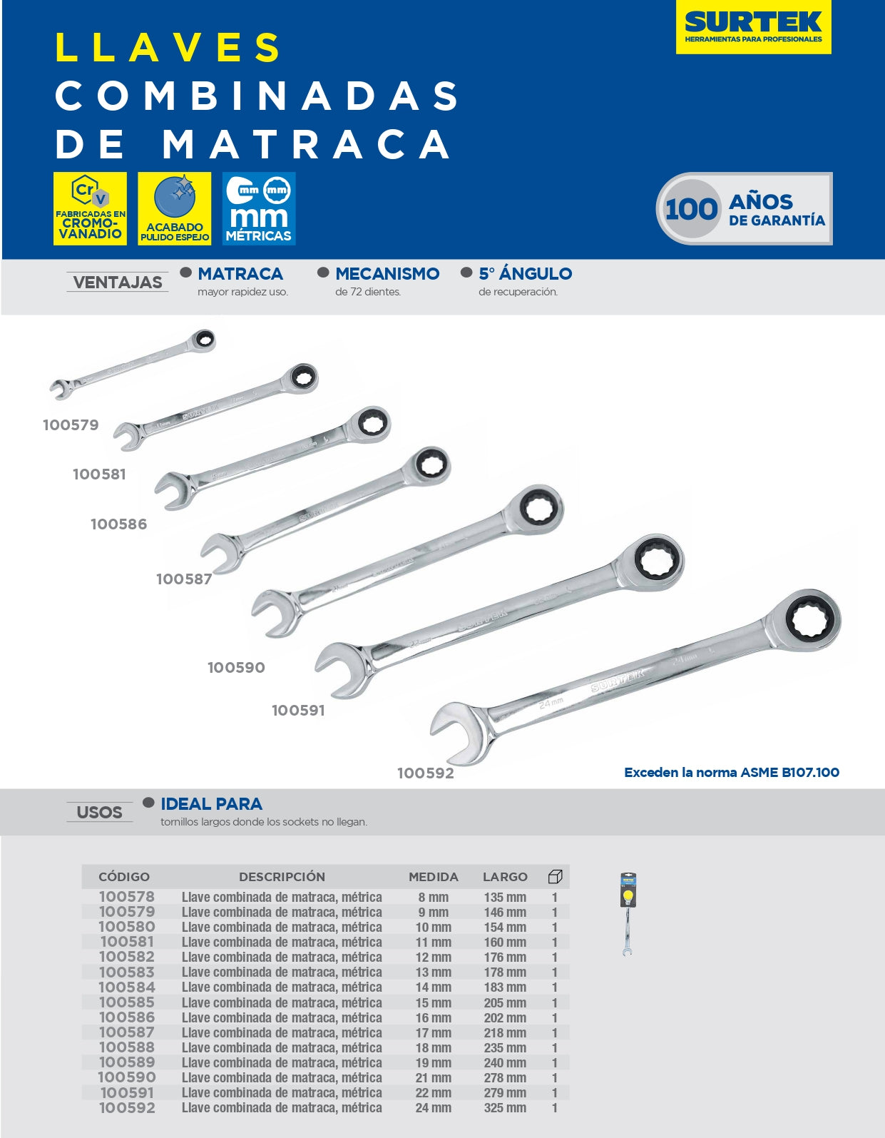 100583 Llave combinada pulido espejo tipo ratchet 13 mm
