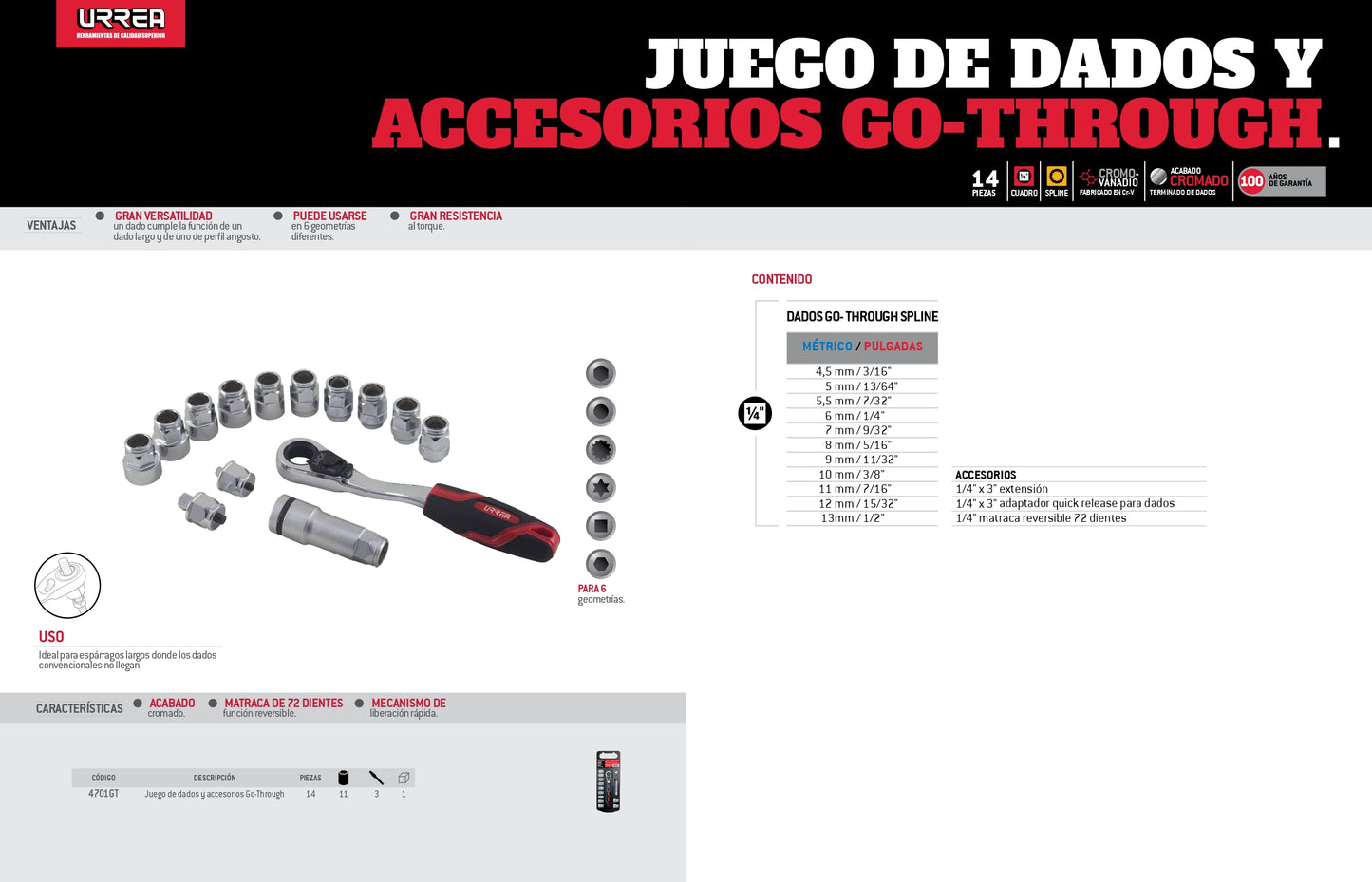 4701GT Juego de copas y accesorios cuadrante 1/4" Go Through 14 piezas, uso industrial, Urrea