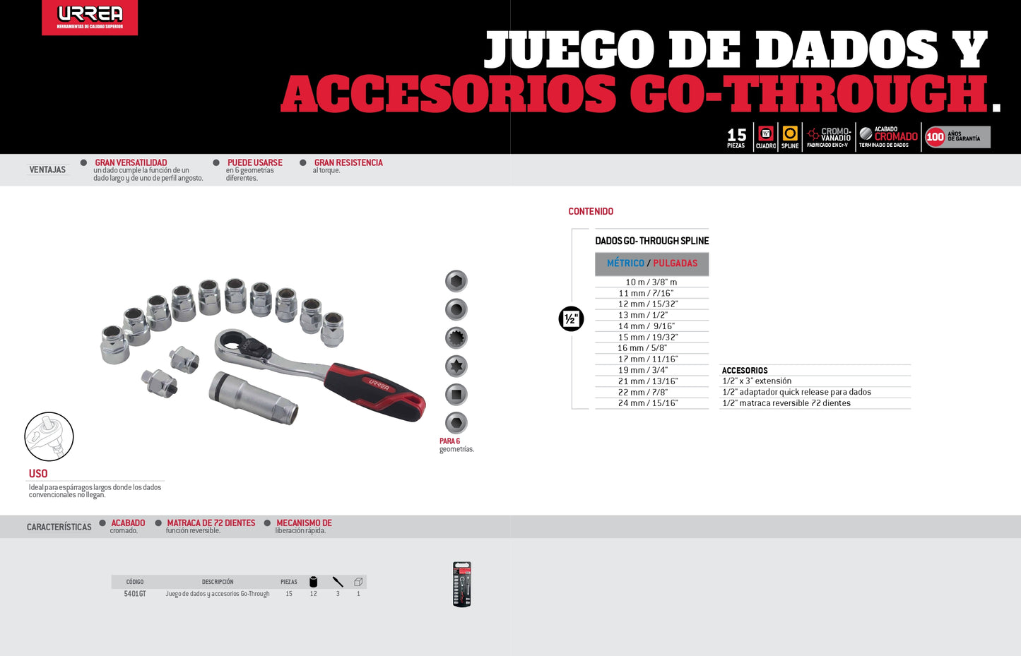 5401GT Juego de copas spline dobles cuadrante 1/2" Go Through 15 piezas, uso industrial, Urrea