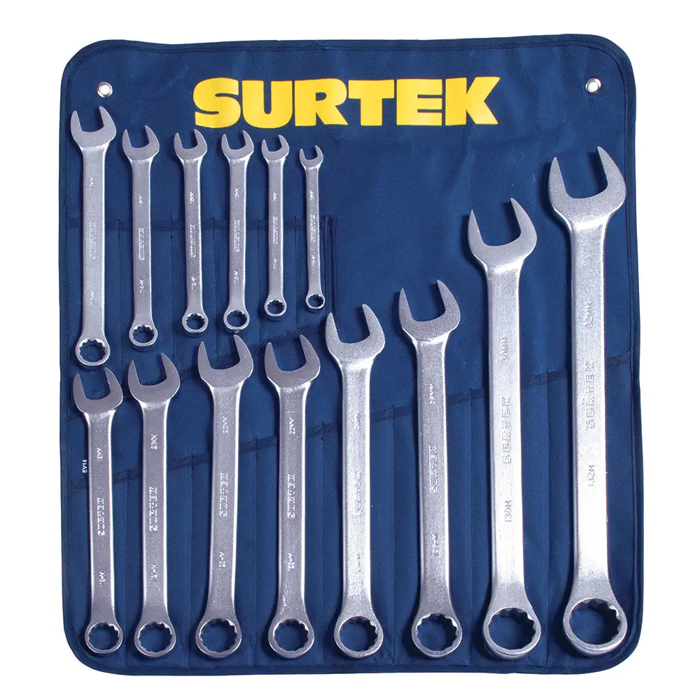 COM15M Juego de llaves combinadas satinadas 14 piezas 10 a 32 mm, uso profesional, Surtek