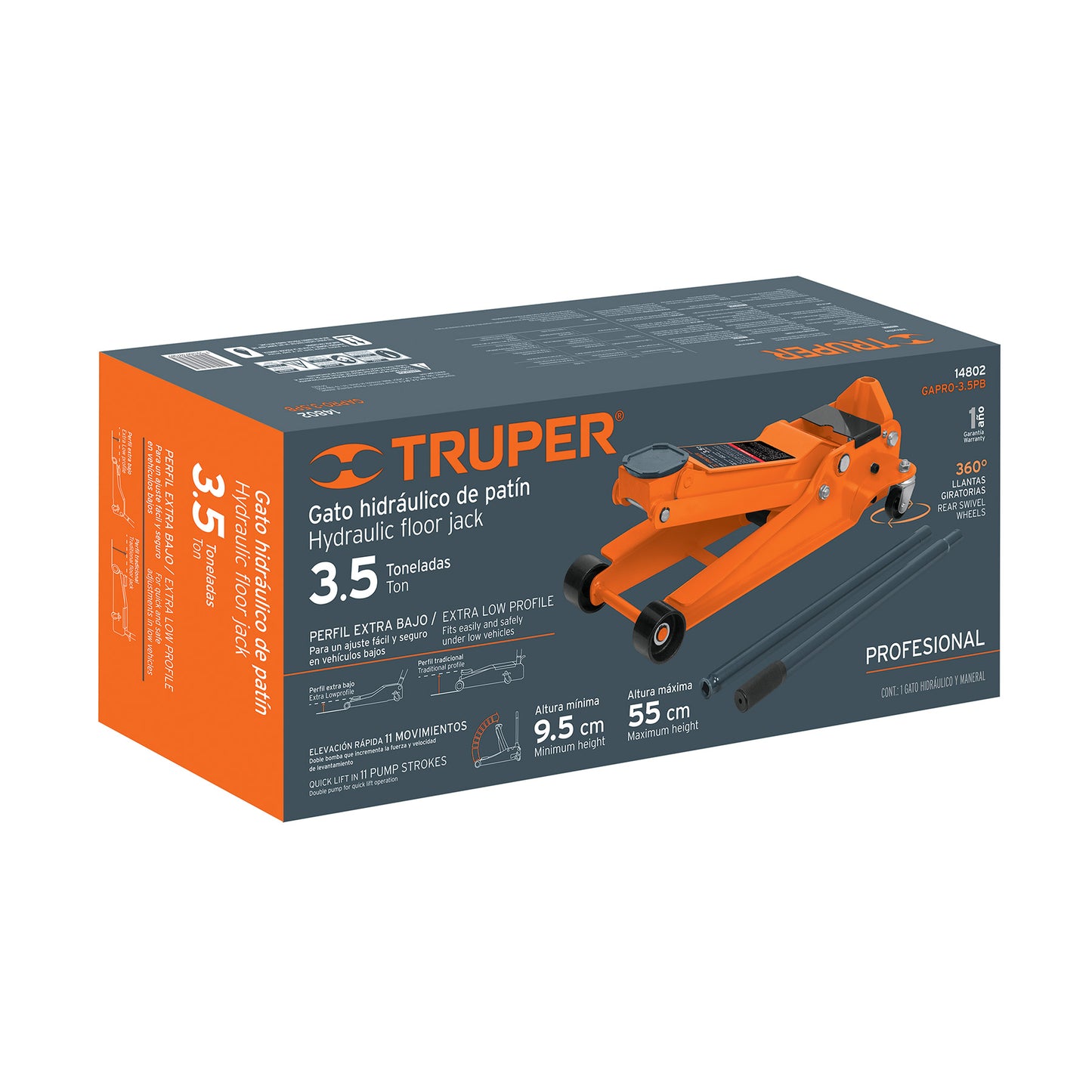 GAPRO-3.5PB Gato hidráulico tipo zorra profesional, 3.5 toneladas, elevación rápida