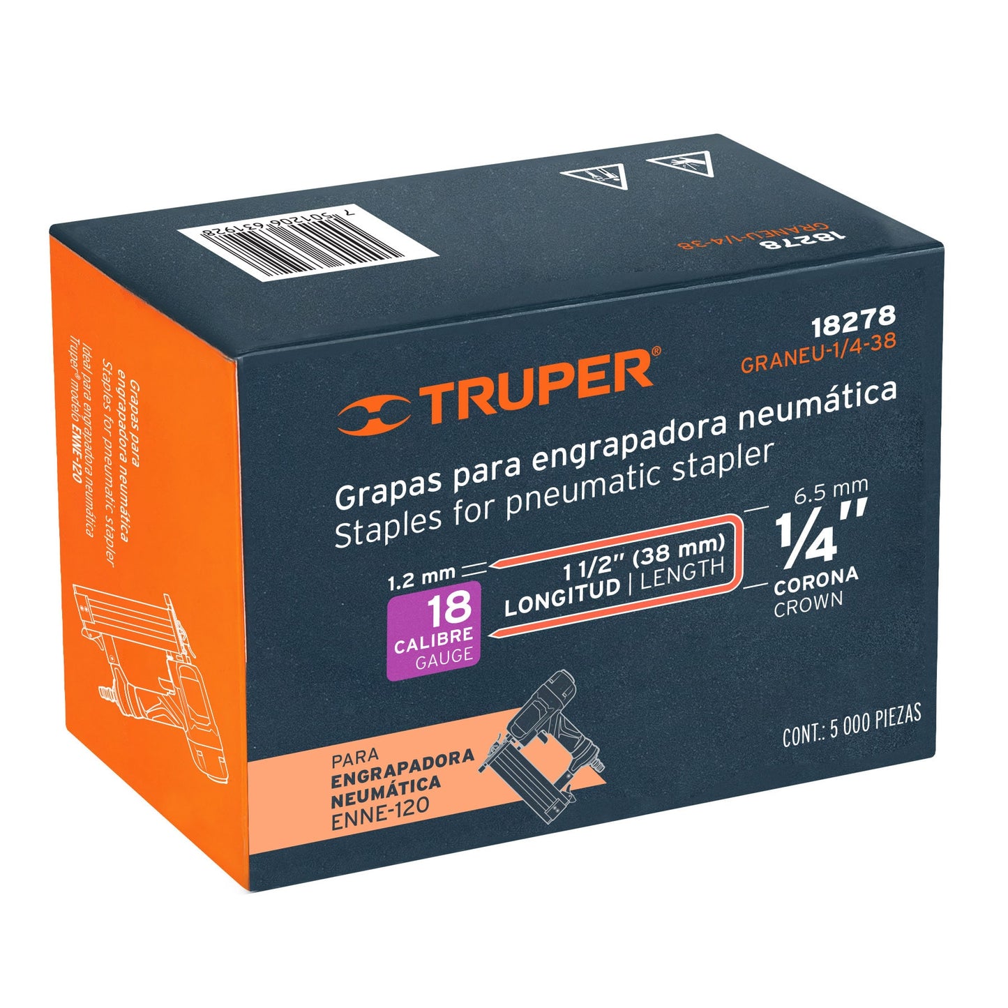 GRANEU-1/4-38 Grapas para grapadora neumática ENEU-1/4, 38mm, 5,000 pzas