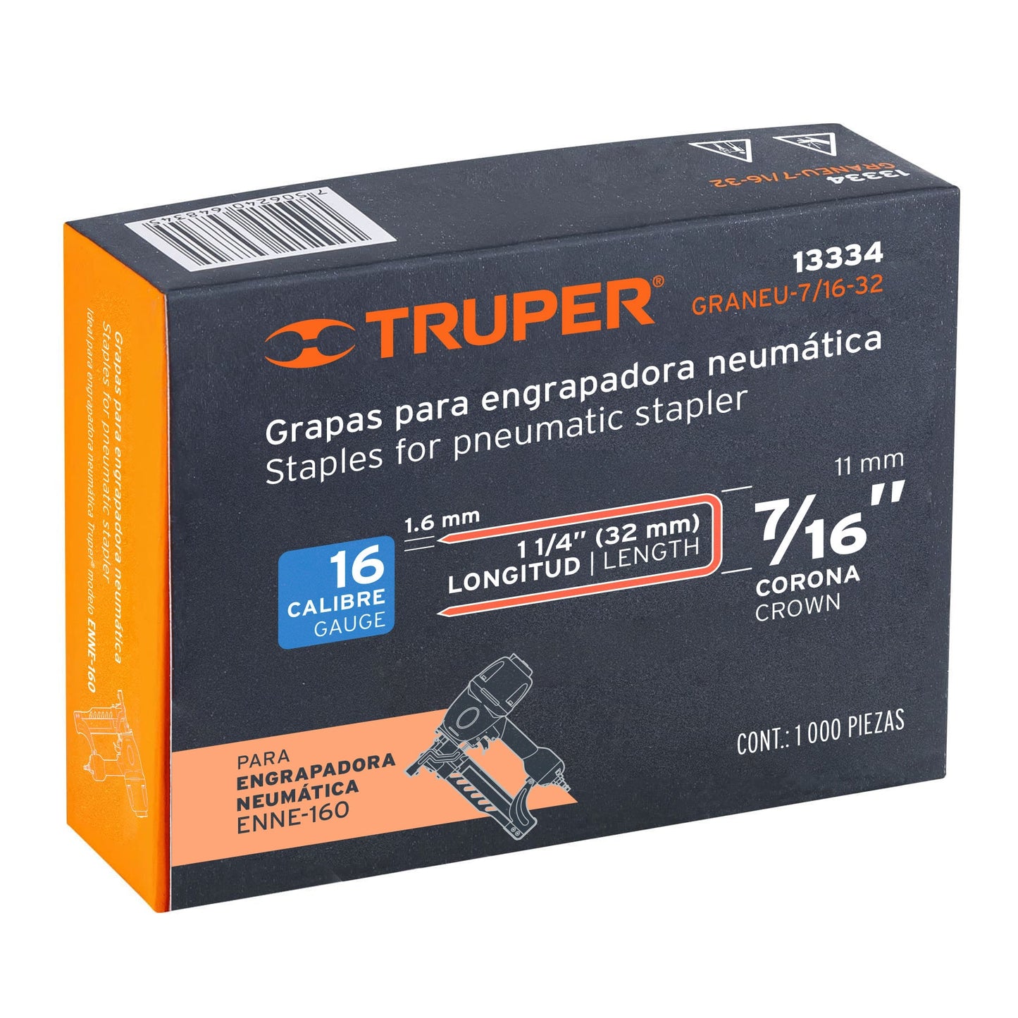 GRANEU-7/16-32 Grapas para grapadora neumática ENEU-7/16, 32mm, 1,000pzas