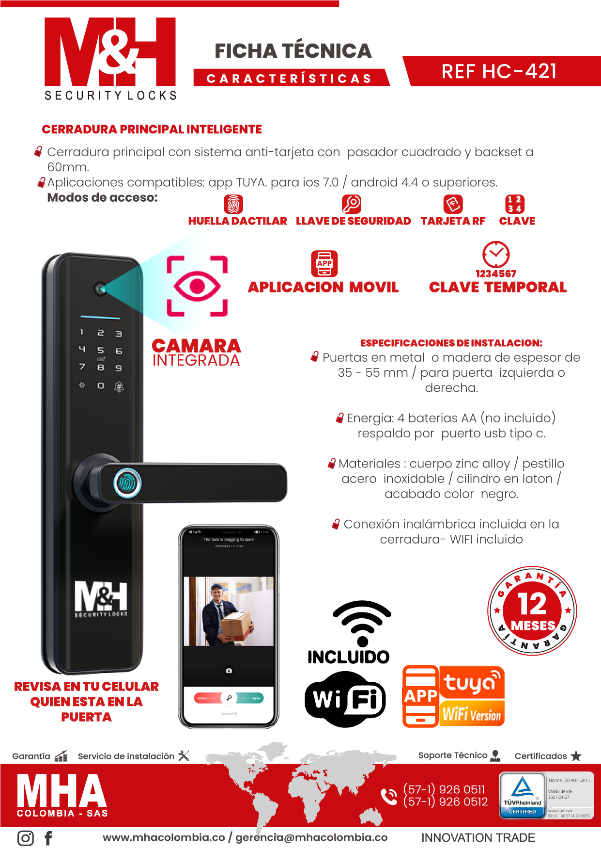HC-421 Cerradura digital con manija, camara integrada