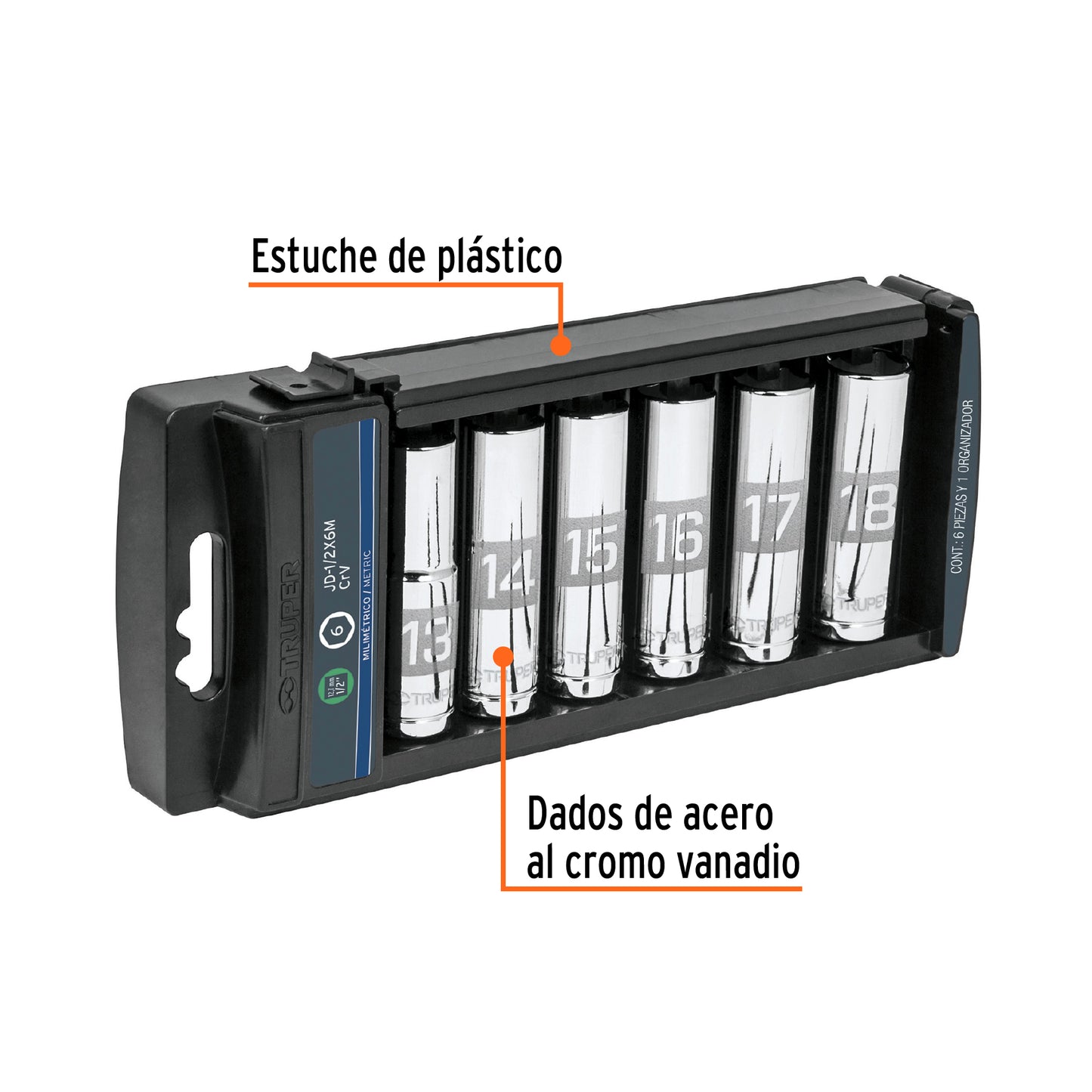 JD-1/2X6LM Juego de copas largas, mando 1/2", 6 piezas, milimétricas