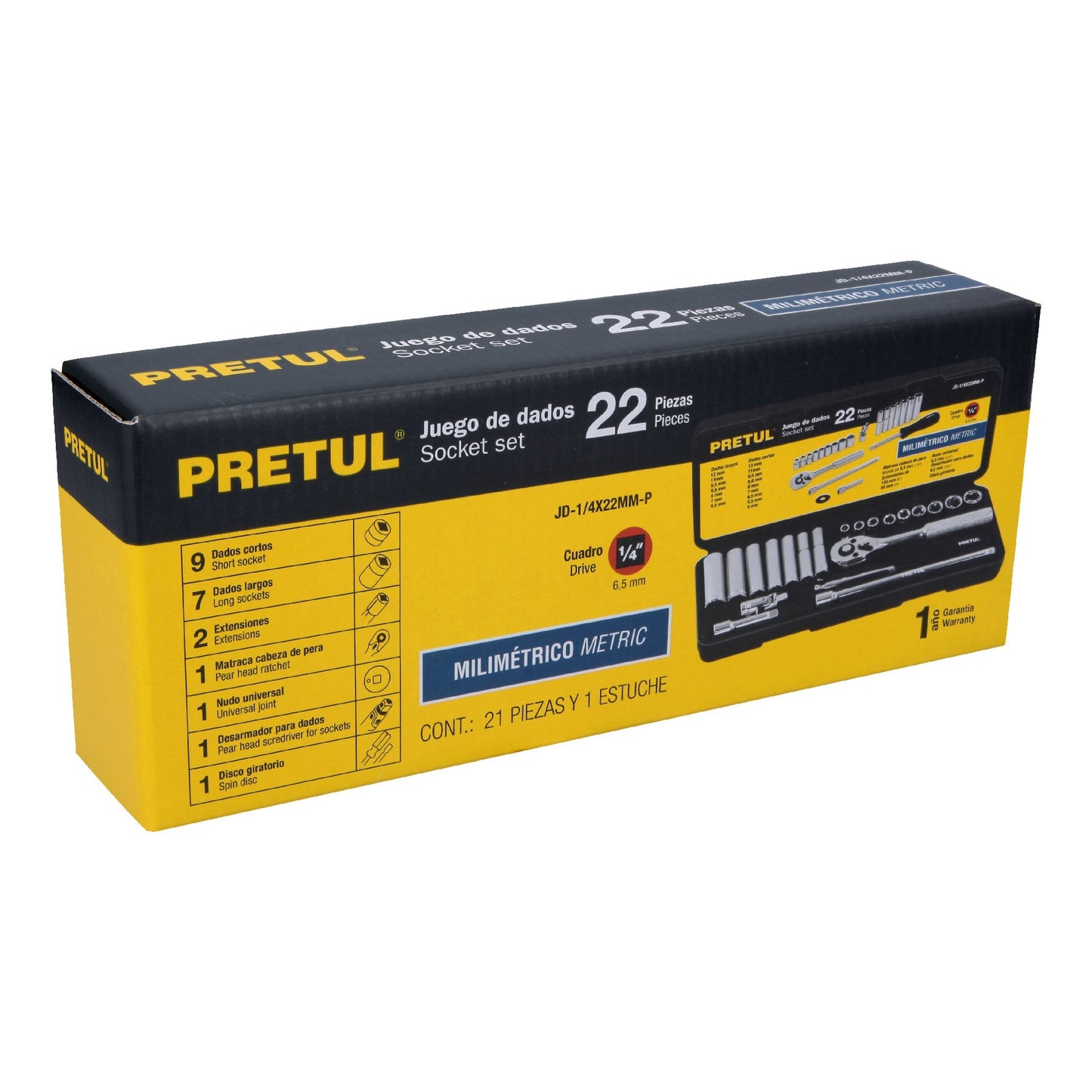 JD-1/4X22MM-P Juego de mecánico, 22 piezas métricas, 1/4", Pretul