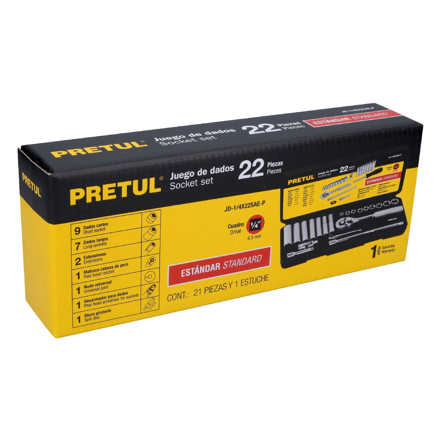 JD-1/4X22SAE-P Juego de mecánico, 22 piezas en pulgadas, 1/4", Pretul