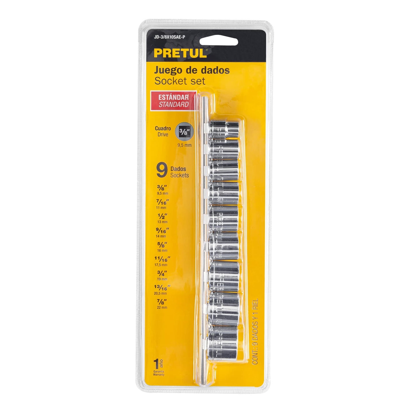 JD-3/8X10SAE-P Juego de copas, mando 3/8", 10 piezas, Pretul