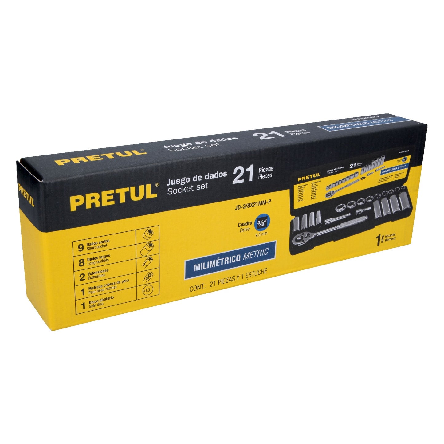 JD-3/8X21MM-P Juego de mecánico, 21 piezas métricas, 3/8", Pretul