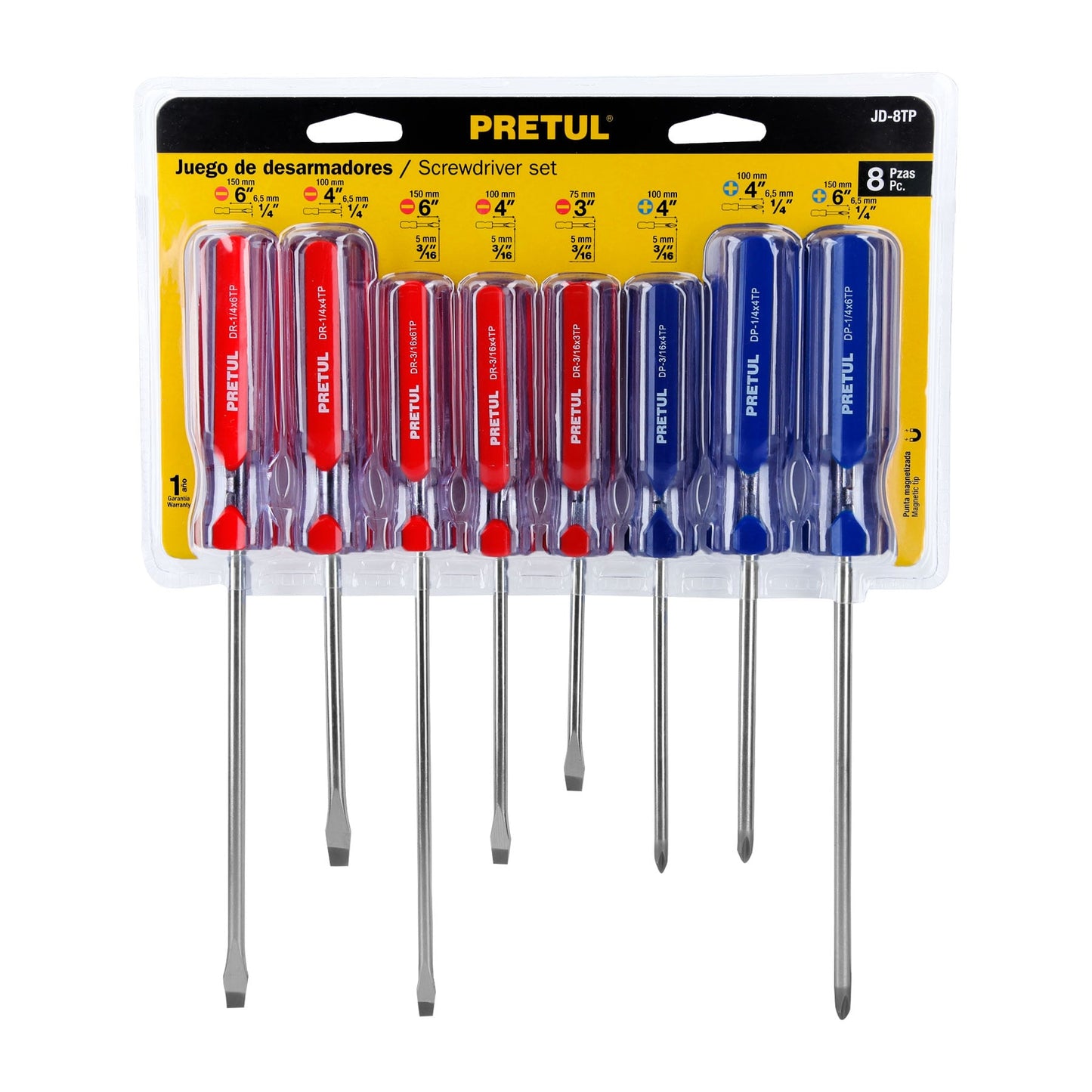 JD-8TP Juego de destornilladores, 8 piezas, mango PVC, Pretul