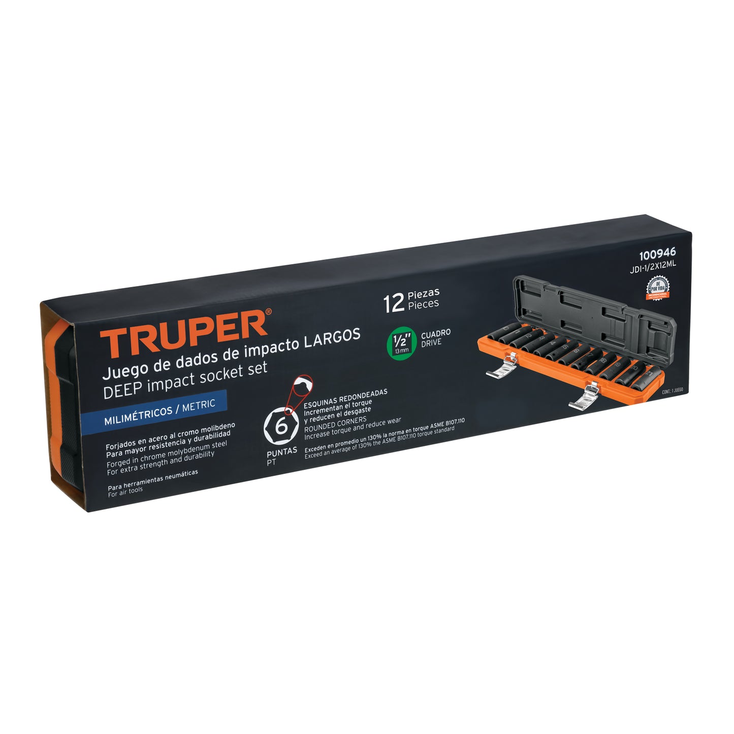 JDI-1/2X12ML Juego de 12 dados largos de impacto, 6 puntas,cuadro 1/2', m