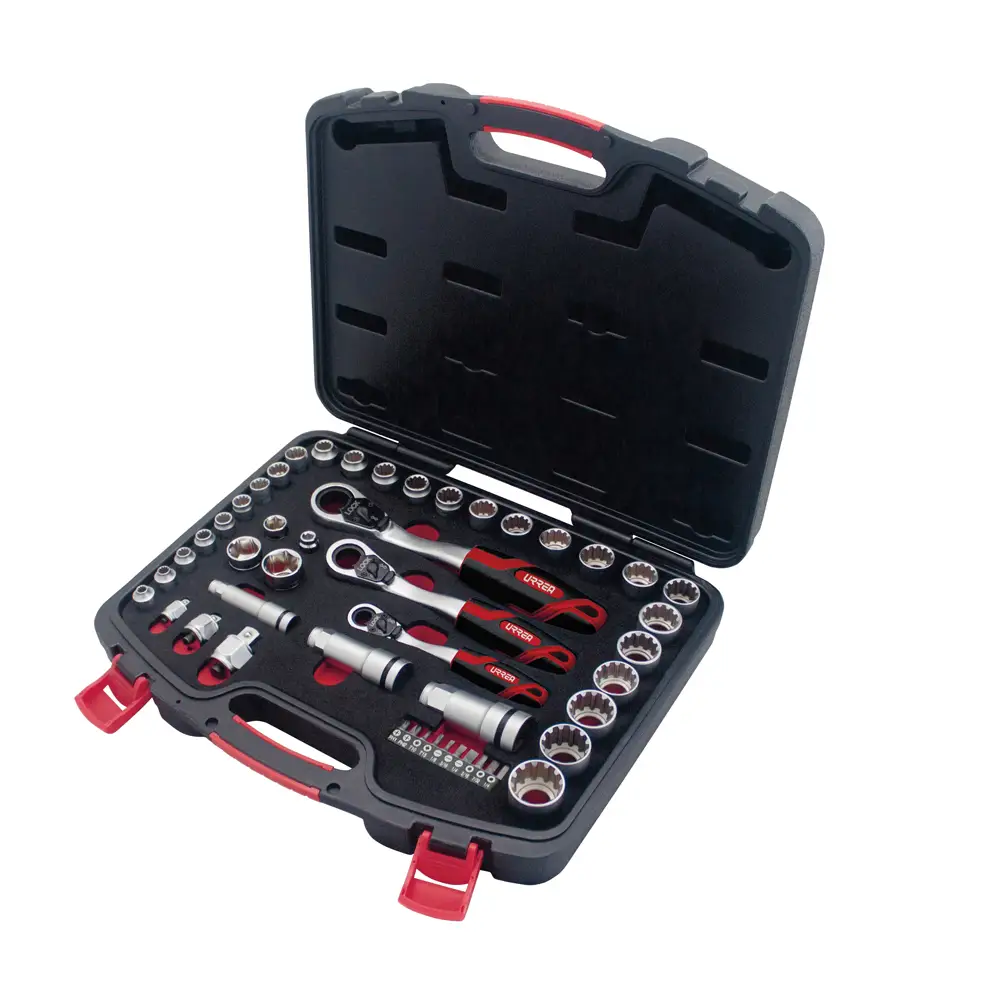 JGT01 Juego de copas y accesorios cuadrante 1/4" 3/8" y 1/2" mixto 49 piezas
