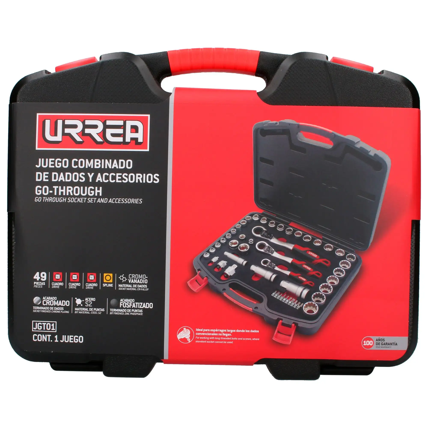 JGT01 Juego de copas y accesorios cuadrante 1/4" 3/8" y 1/2" mixto 49 piezas