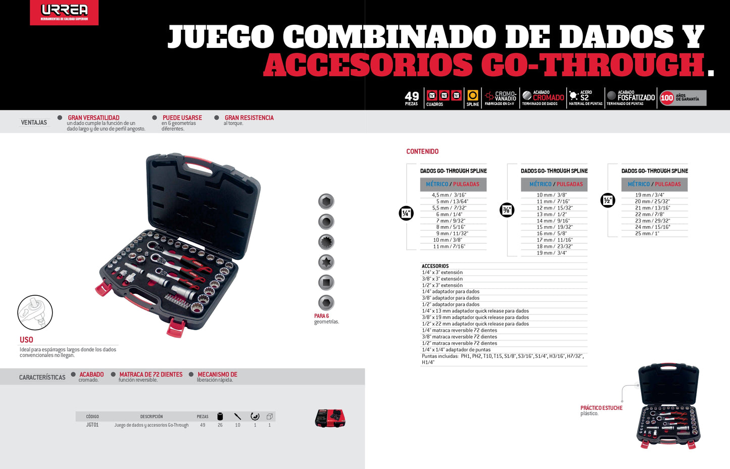 JGT01 Juego de copas y accesorios cuadrante 1/4" 3/8" y 1/2" mixto 49 piezas
