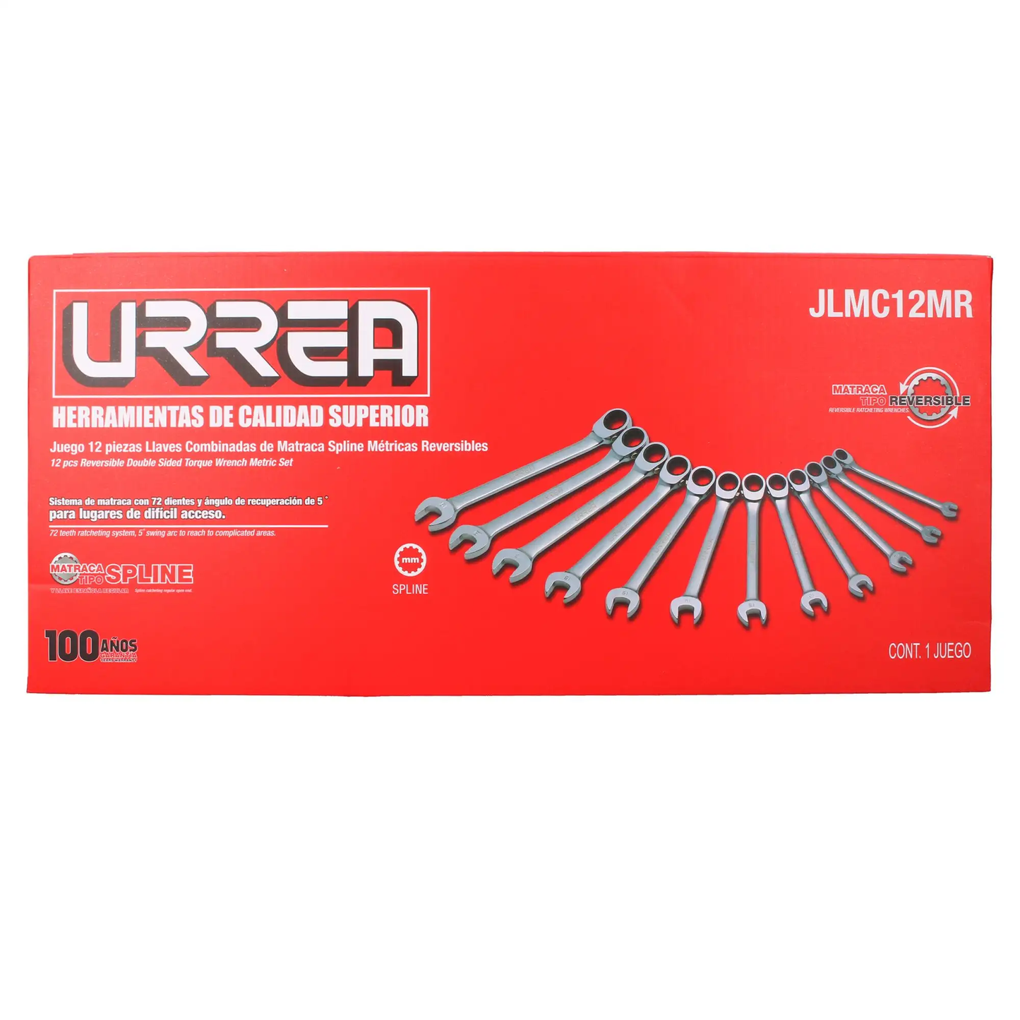 JLMC12MR Juego de llaves combinadas con ratchet spline 12 piezas 8 a 19 mm en caja, uso pesado, Urrea